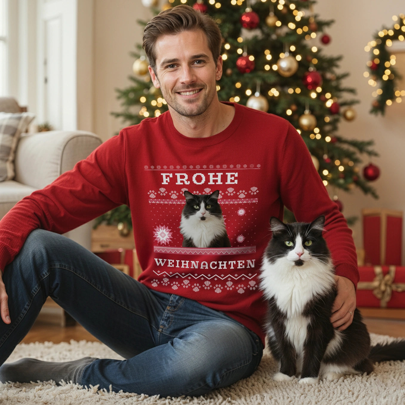 Personalisierter Christmas Sweater Katze "Ho Ho Ho"