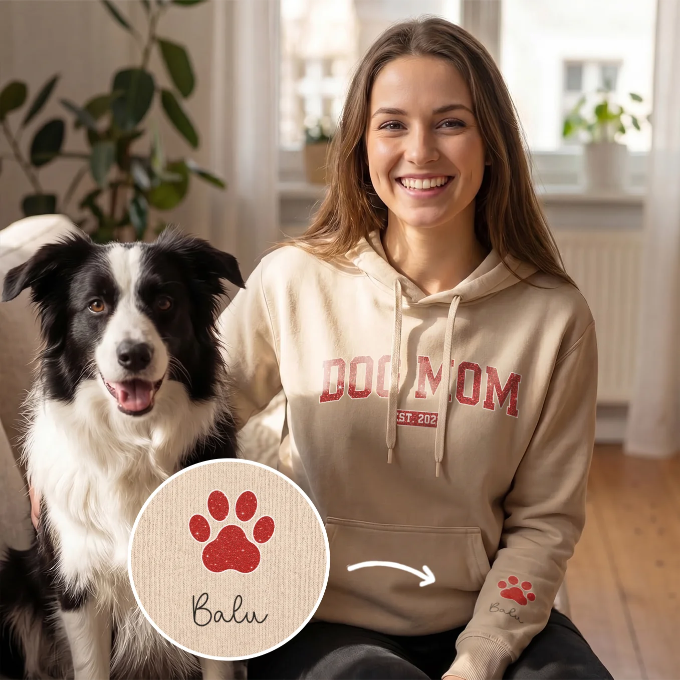 Personalisierter Hoodie "Dog Mom Jahr" mit Ärmeldruck