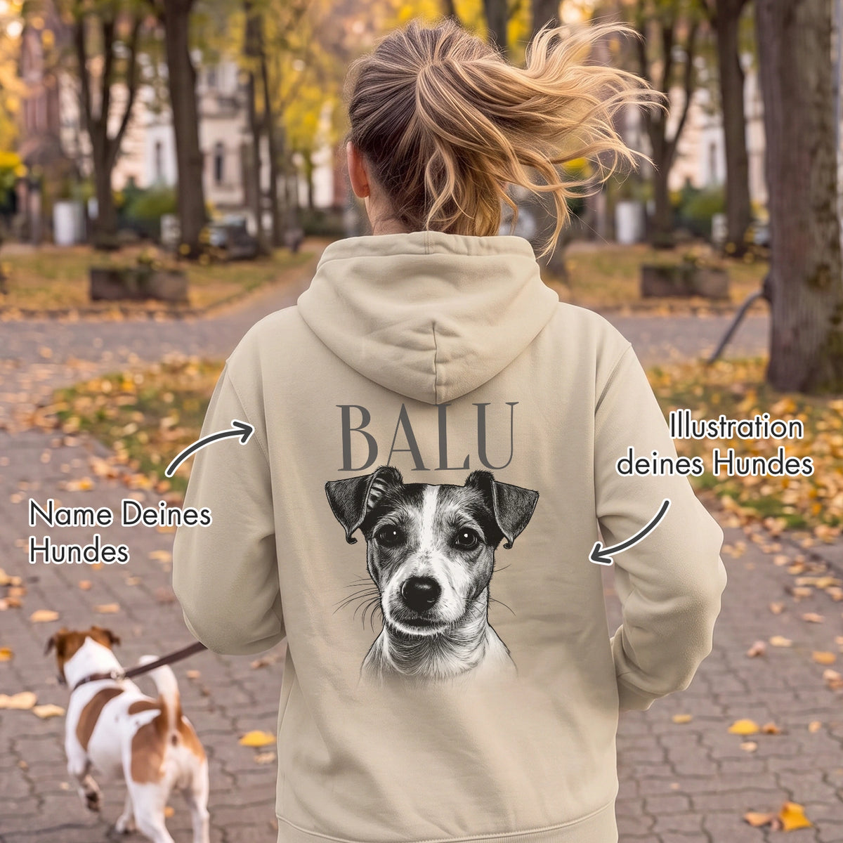 Personalisierter Hoodie „Hund Retro“ als Geschenk für Hundebesitzer: schwarz-weißes Hundeporträt mit Namen auf dem Rücken – hey balu