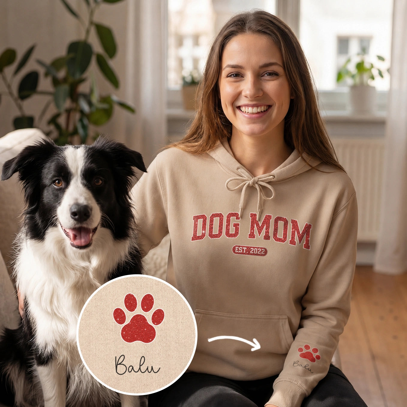 Personalisierter Hoodie "Dog Mom Jahr" mit Ärmeldruck