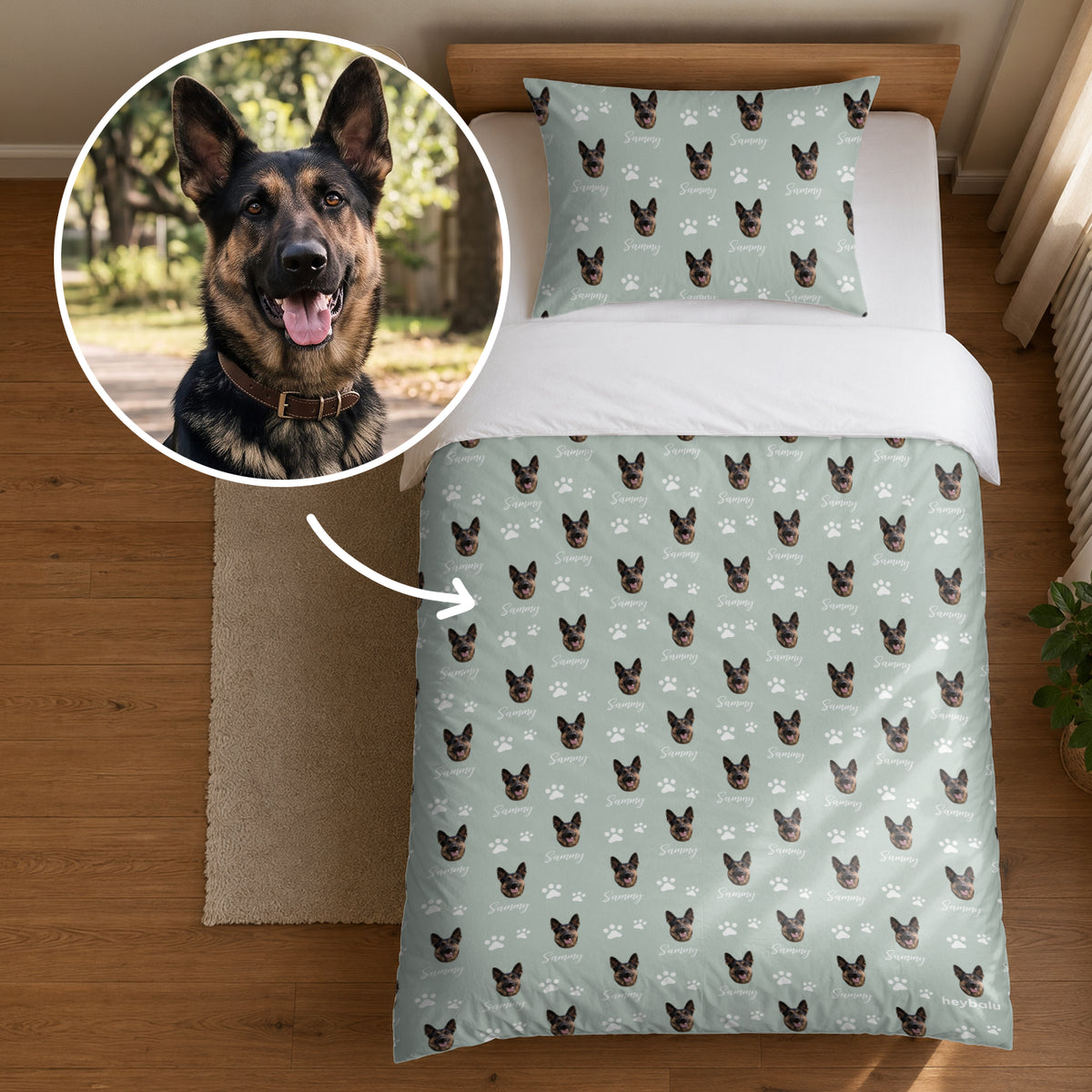 Personalisierte Bettwäsche Baumwollsatin „Foto & Name“ als Geschenk für Hundebesitzer: Schäferhund-Gesichter und Pfoten auf mintgrüner Bettwäsche – hey balu