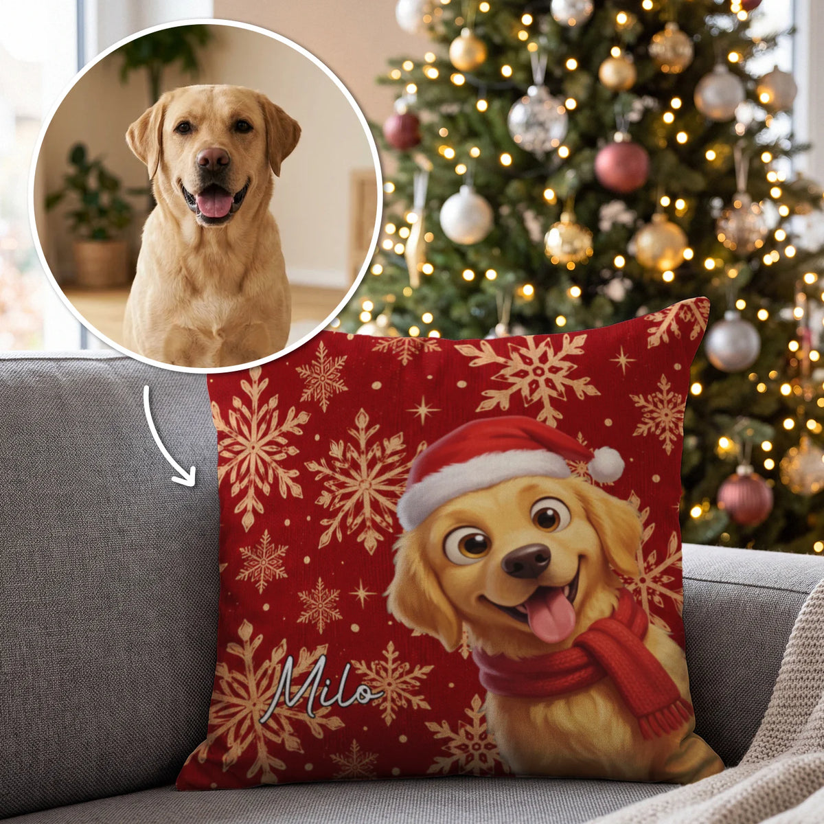 Personalisiertes Kissen „Weihnachtshund“ als Geschenk für Hundebesitzer: Golden Retriever mit Weihnachtsmütze auf Schneeflocken mit Namen – hey balu