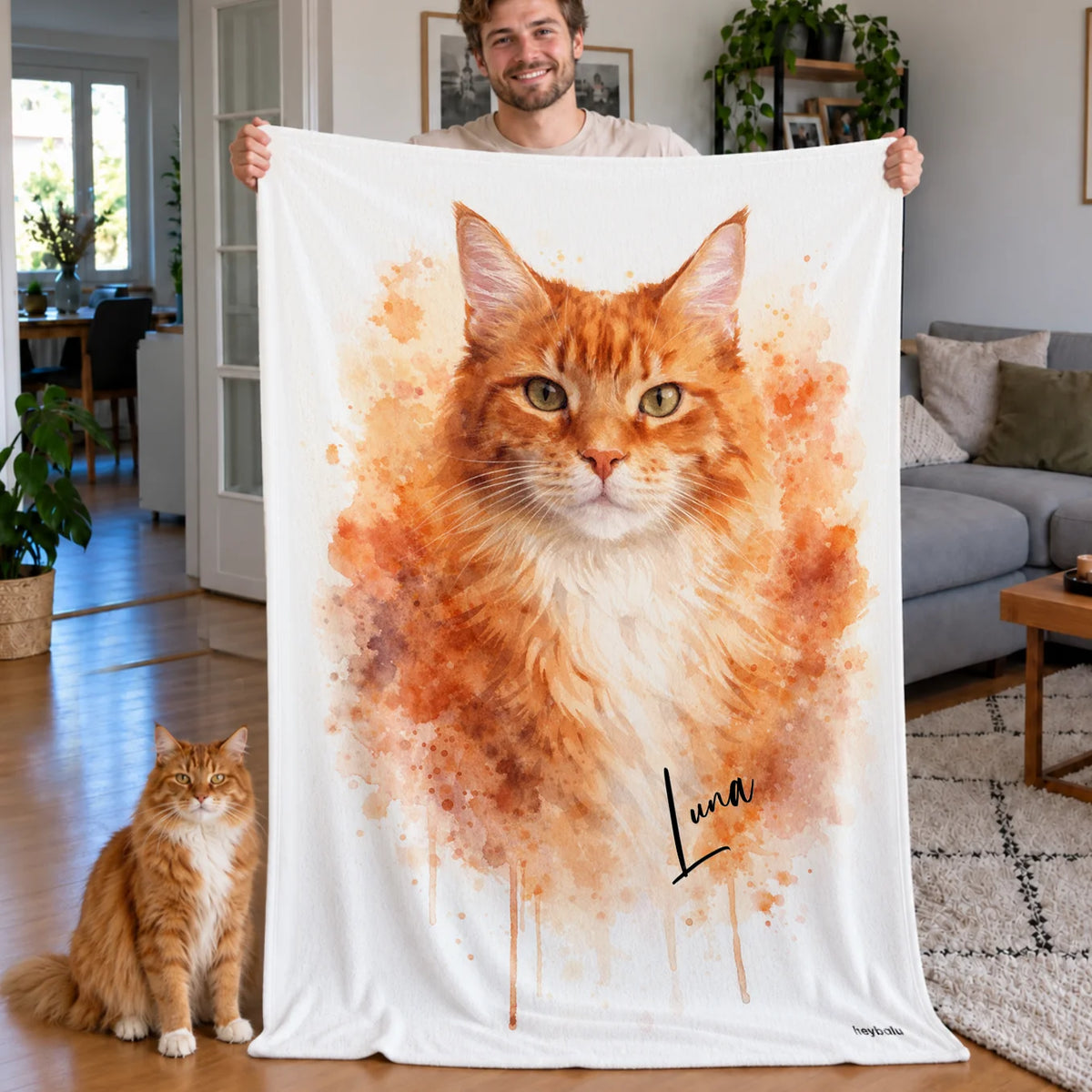 Personalisierte Decke „Wasserfarbe Katze“ als Geschenk für Katzenbesitzer: Katzenporträt im Aquarell-Stil mit Namen – hey balu