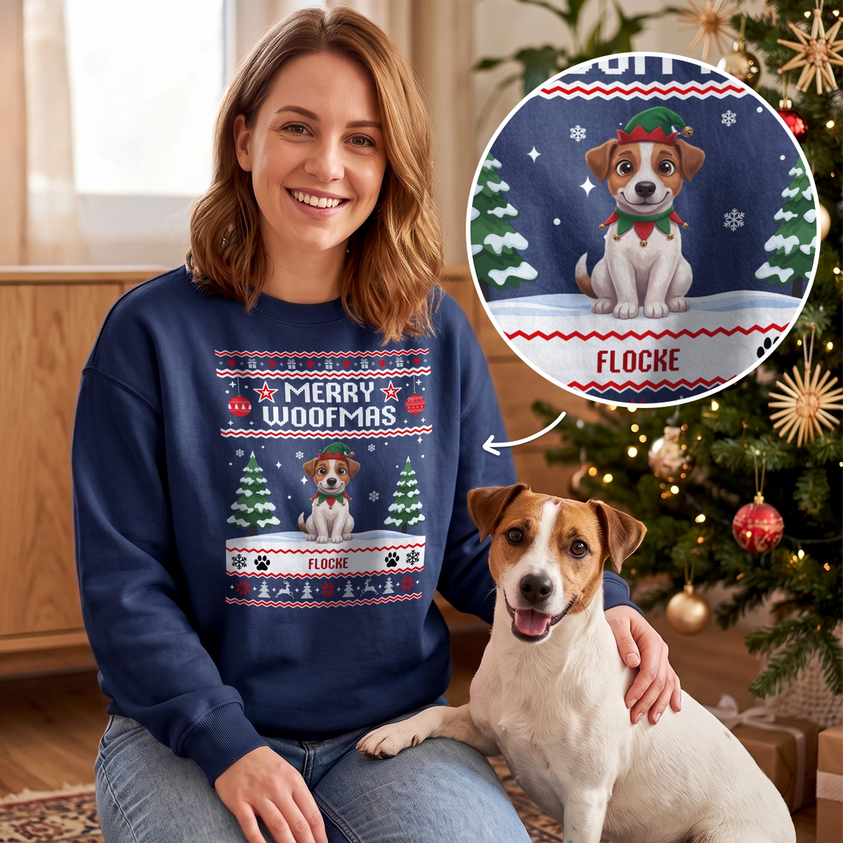 Personalisierter Pullover „Merry Woofmas“ als Geschenk für Hundebesitzer: dunkelblauer Weihnachtspullover im Ugly-Christmas-Look mit Hund als Cartoon und Namen, hey balu
