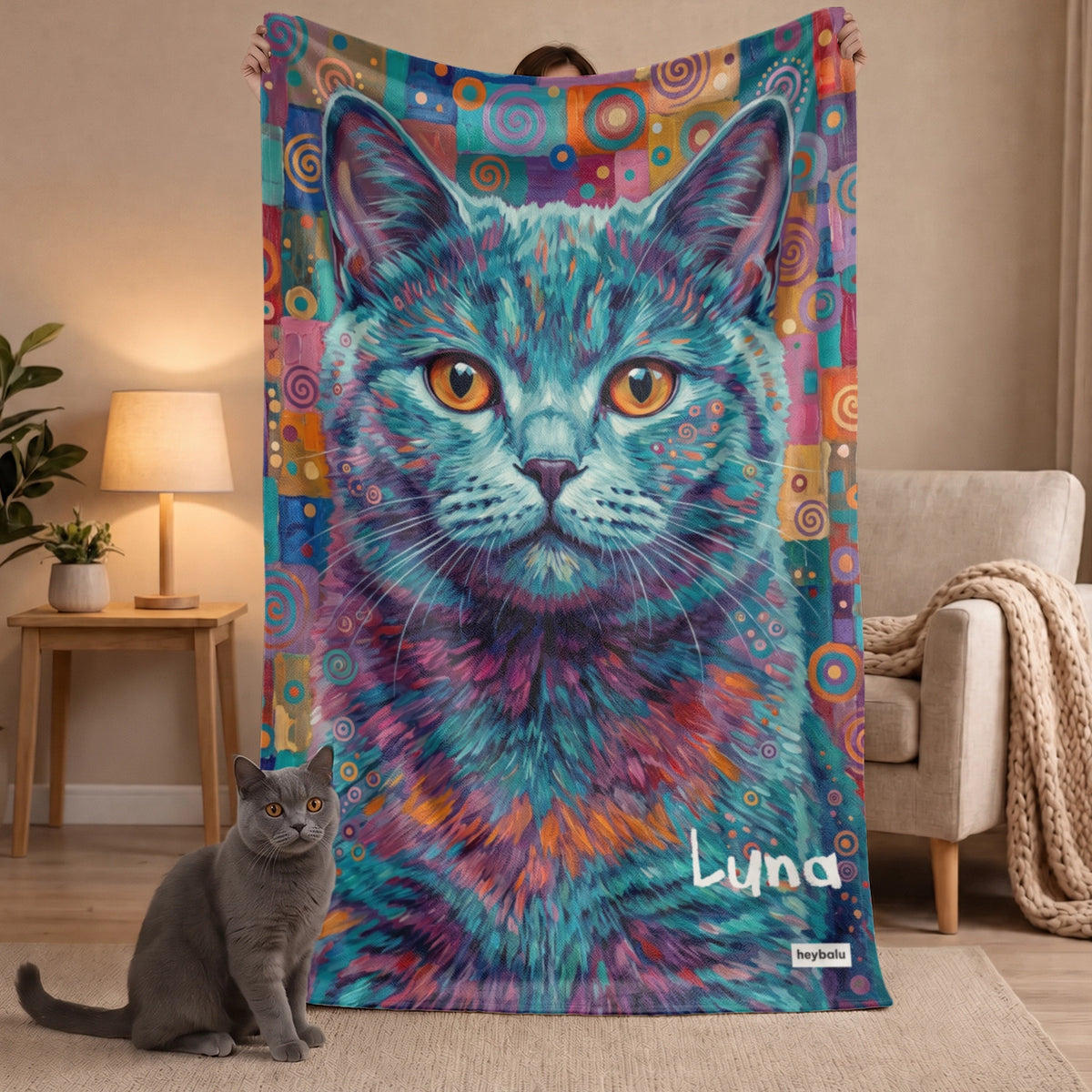 Personalisierte Decke „Graffiti Katze“ als Geschenk für Katzenbesitzer: buntes Katzenporträt im Graffiti-Stil mit Namen, hey balu