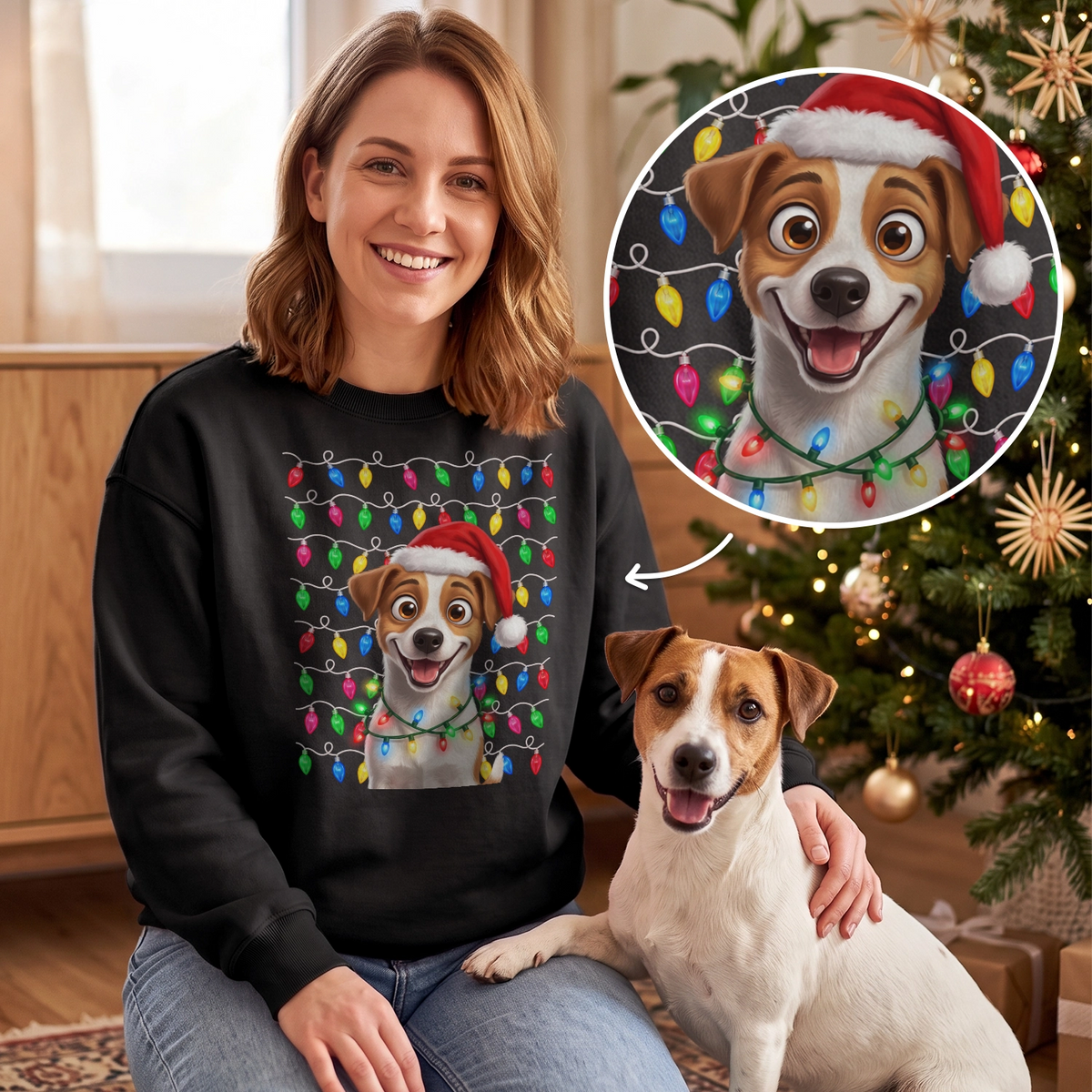 Personalisierter Pullover „Foto Haustier Weihnachtslichter“ als Geschenk für Hundebesitzer: schwarzer Weihnachtspullover mit Jack Russell als Cartoon mit Weihnachtsmütze und bunter Lichterkette, hey balu