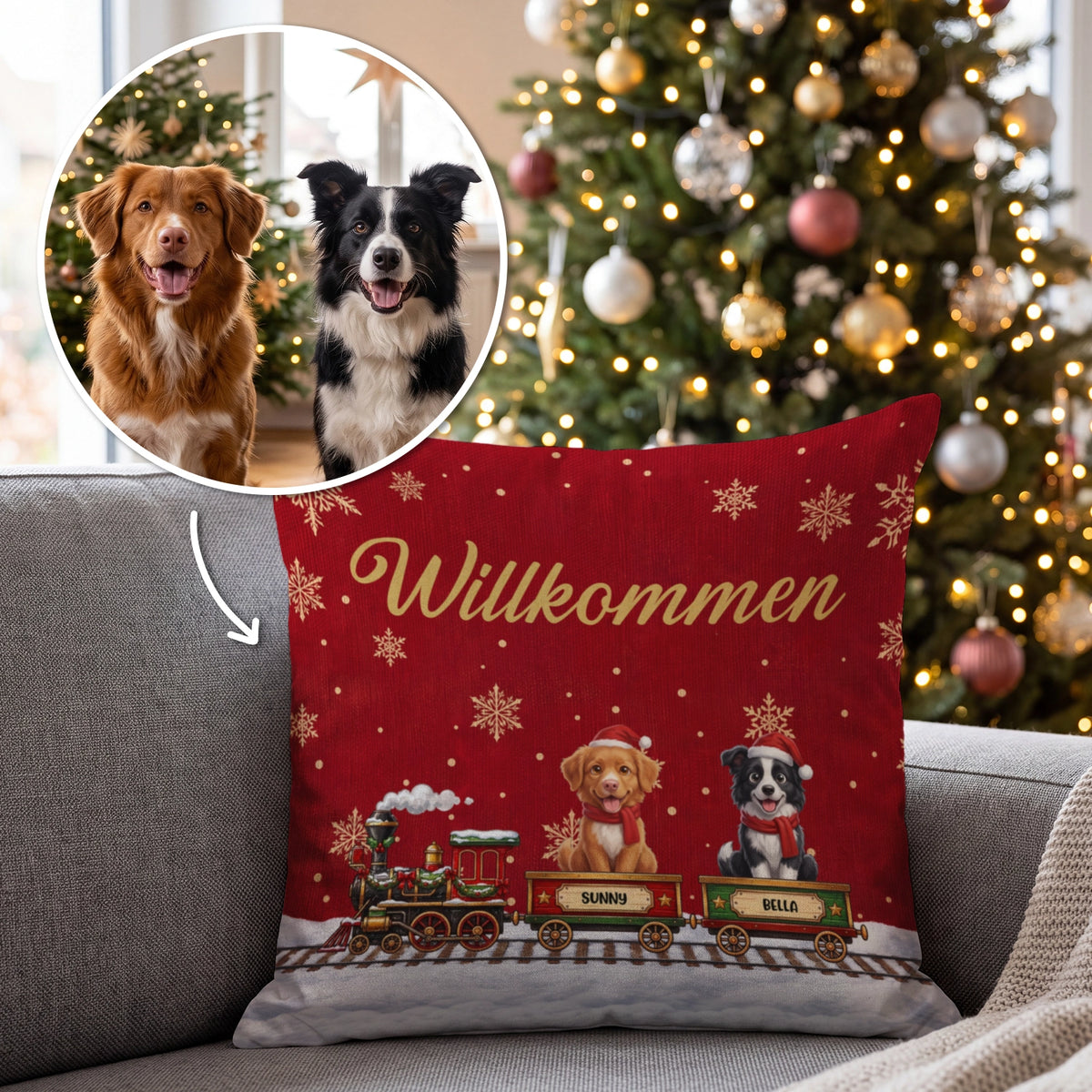 Personalisiertes Kissen „Weihnachtszug Hunde“ als Geschenk für Hundebesitzer: rotes Willkommen-Kissen mit zwei Hunden im Zug mit Namen – hey balu