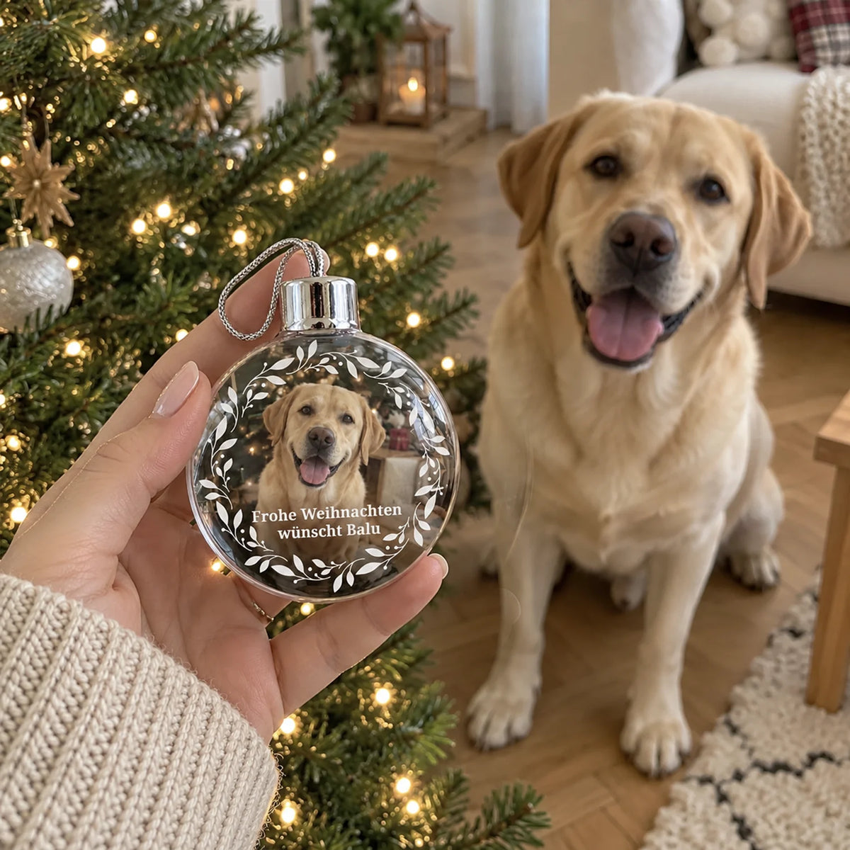 Hand hält die Kranz-Christbaumkugel mit Labrador-Foto, dahinter sitzt der Labrador