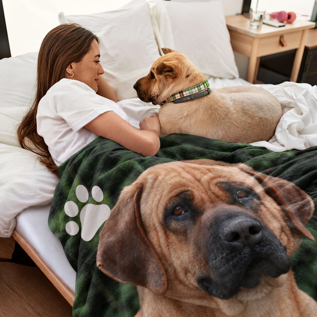 Frau liegt im Bett mit Hund auf der Haustier-Foto-Decke mit Pfotenmotiv