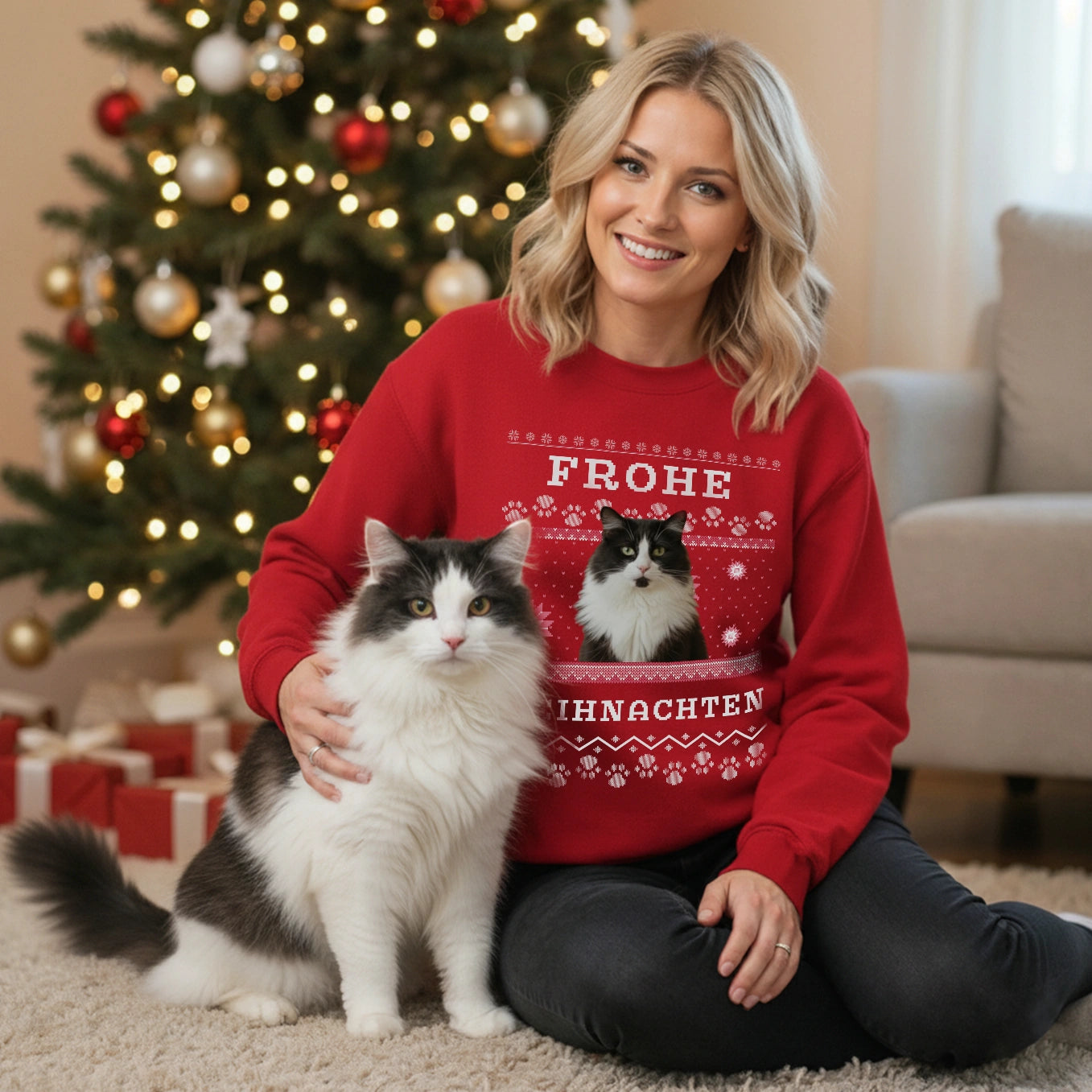 Personalisierter Christmas Sweater Katze "Ho Ho Ho"