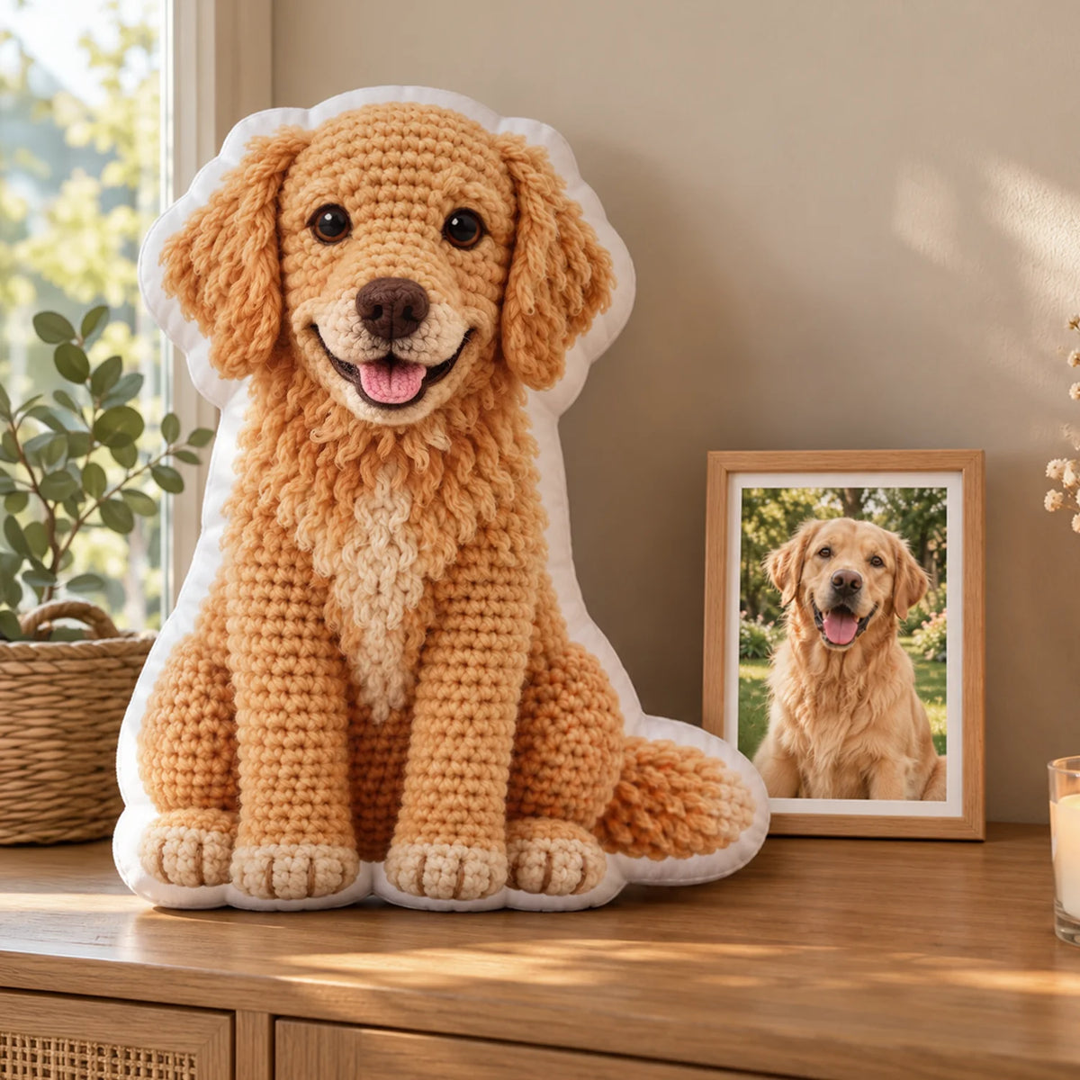 Hundekissen in Form eines Golden Retrievers auf einer Kommode neben dem gerahmten Foto des Hundes