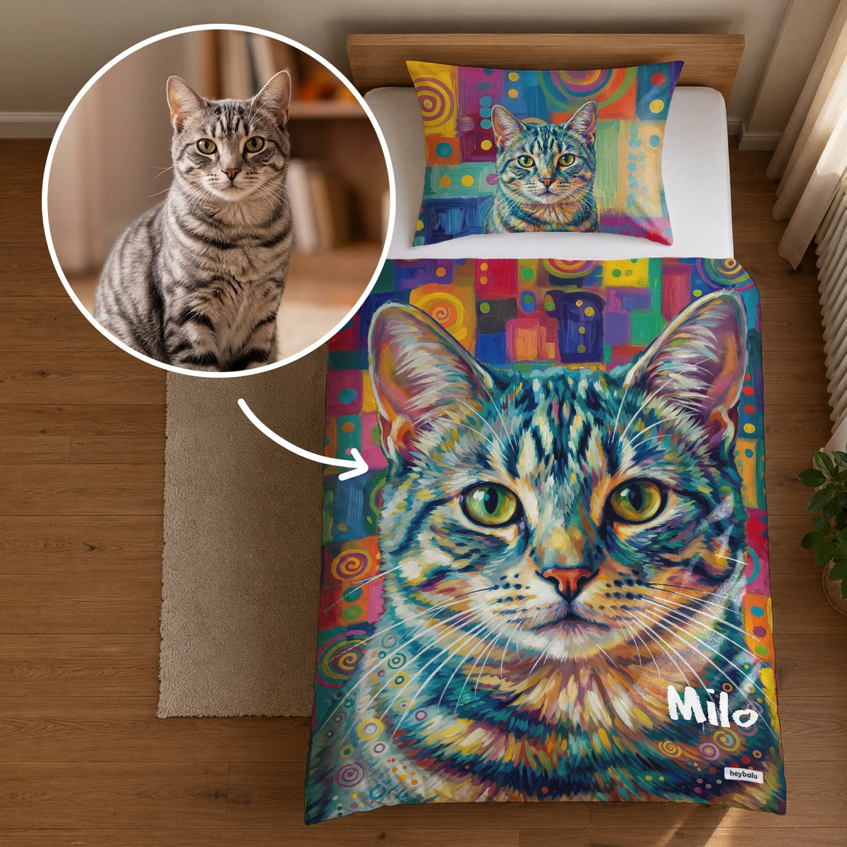 Personalisierte Bettwäsche „Graffiti Katze“ als Geschenk für Katzenbesitzer: buntes Katzenporträt im Graffiti-Stil nach Foto mit Namen – hey balu