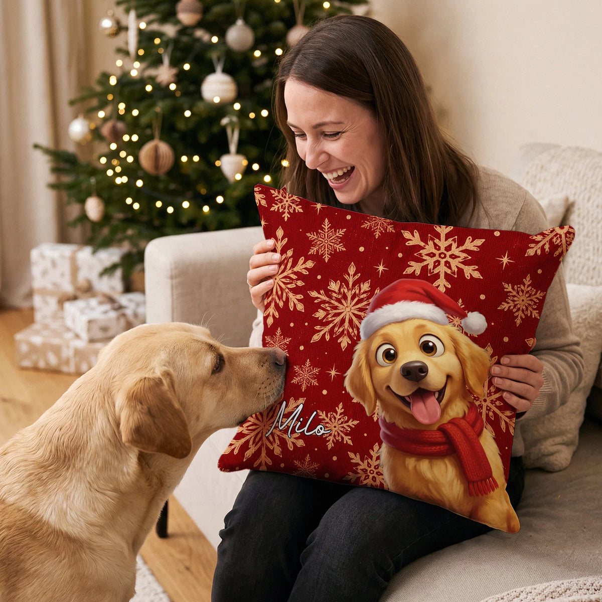 Labrador schnuppert am roten Weihnachtshund-Kissen in den Händen einer Frau