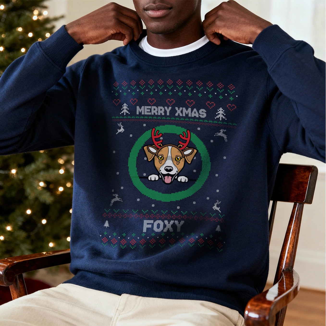 Christmas Sweater mit deinem Hund im Cartoon-Stil