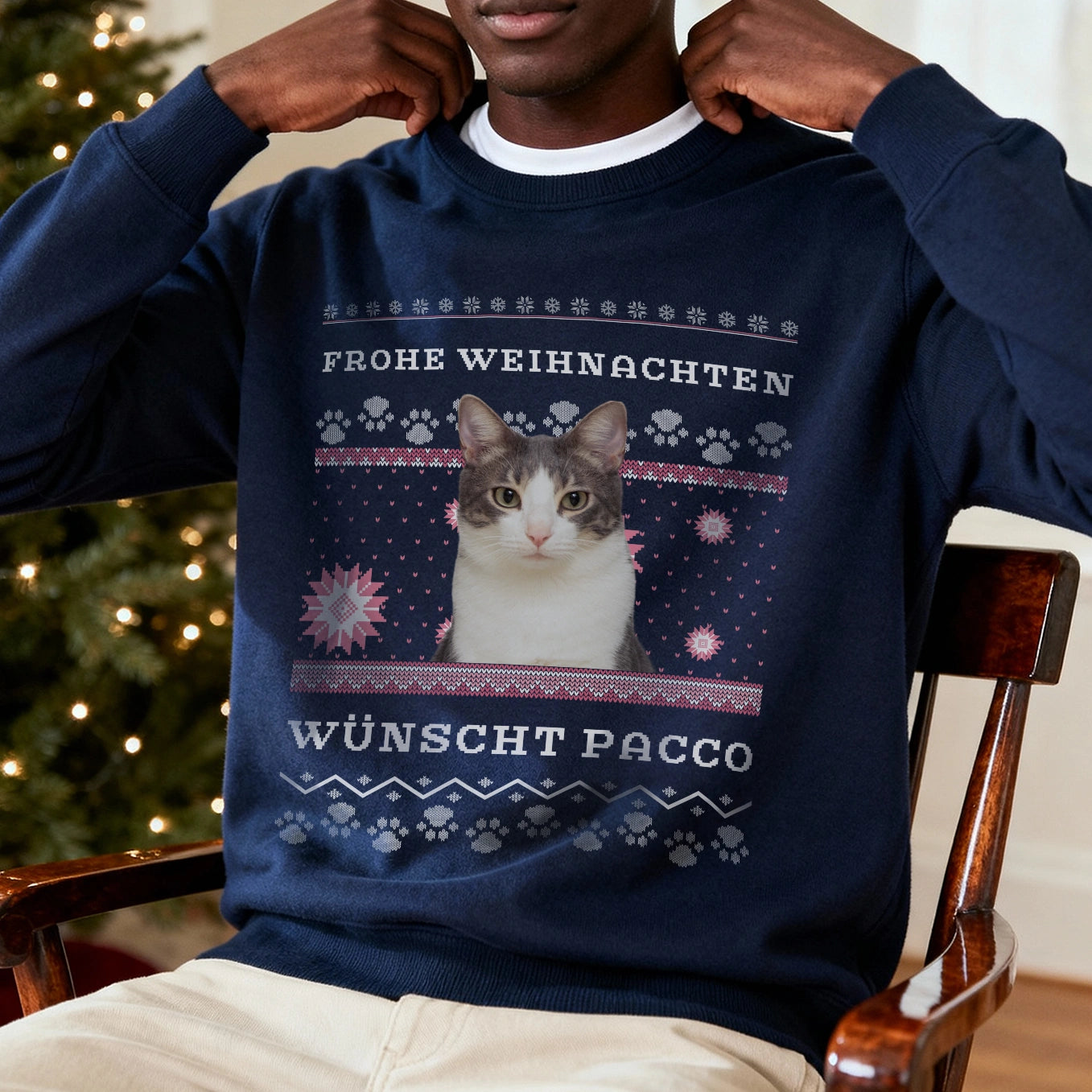Personalisierter Christmas Sweater Katze "Ho Ho Ho"