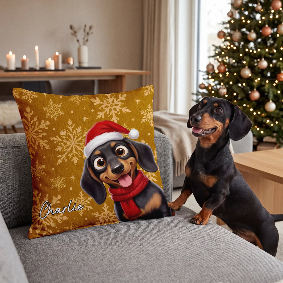 Dackel sitzt auf dem Sofa neben dem gelben Weihnachtshund-Kissen mit Namen