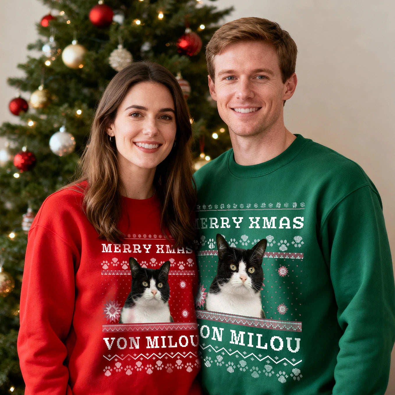 Personalisierter Christmas Sweater Katze "Ho Ho Ho"
