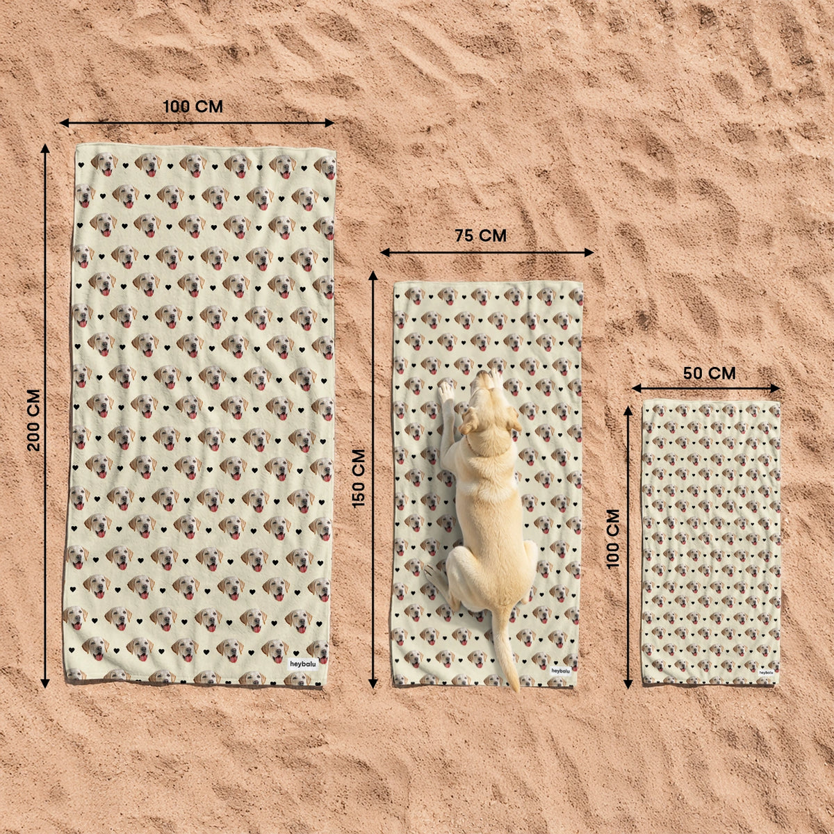 Größen des Badehandtuchs: 100 x 200 cm, 75 x 150 cm und 50 x 100 cm