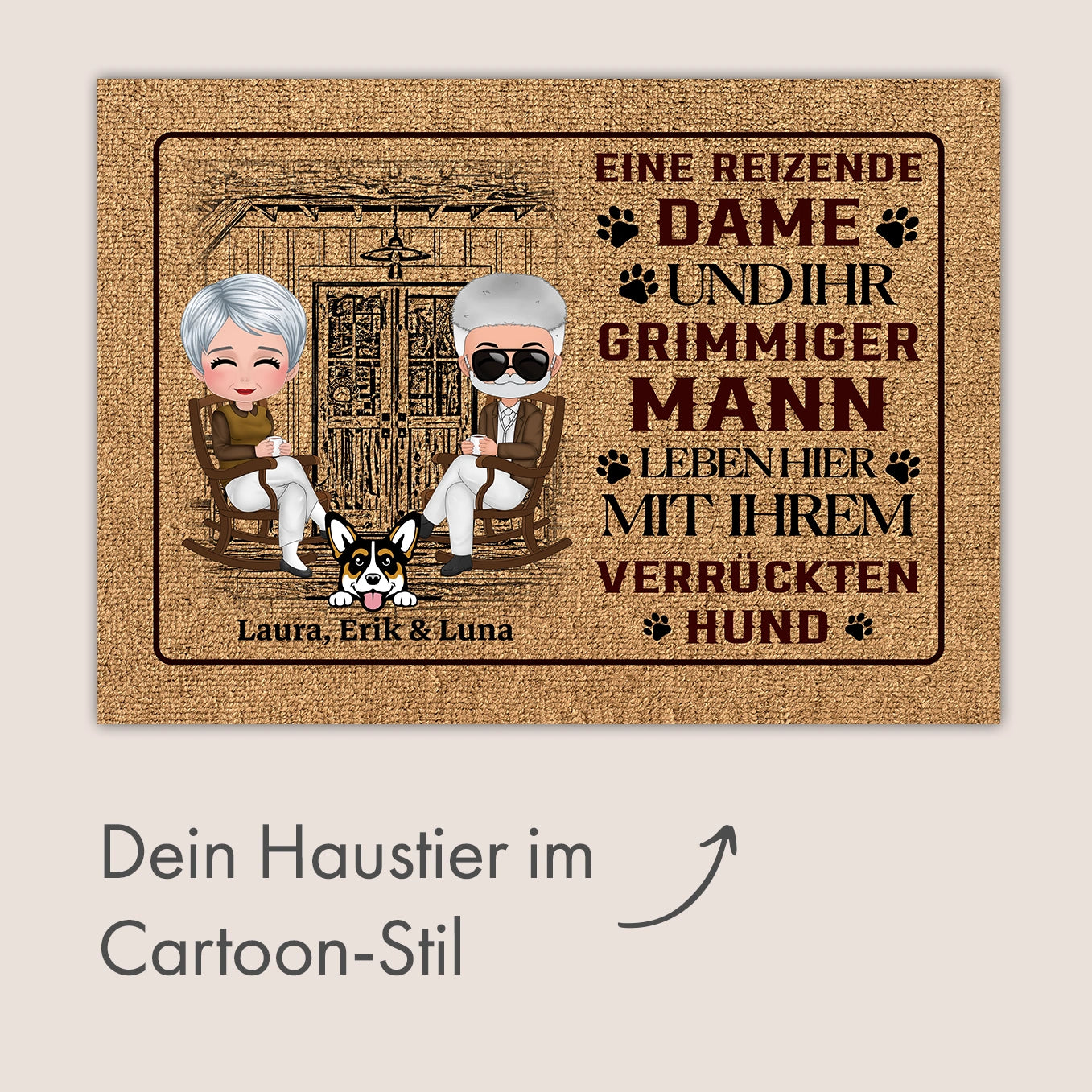 Personalisierte Fussmatte "Dame, Mann und Hund"