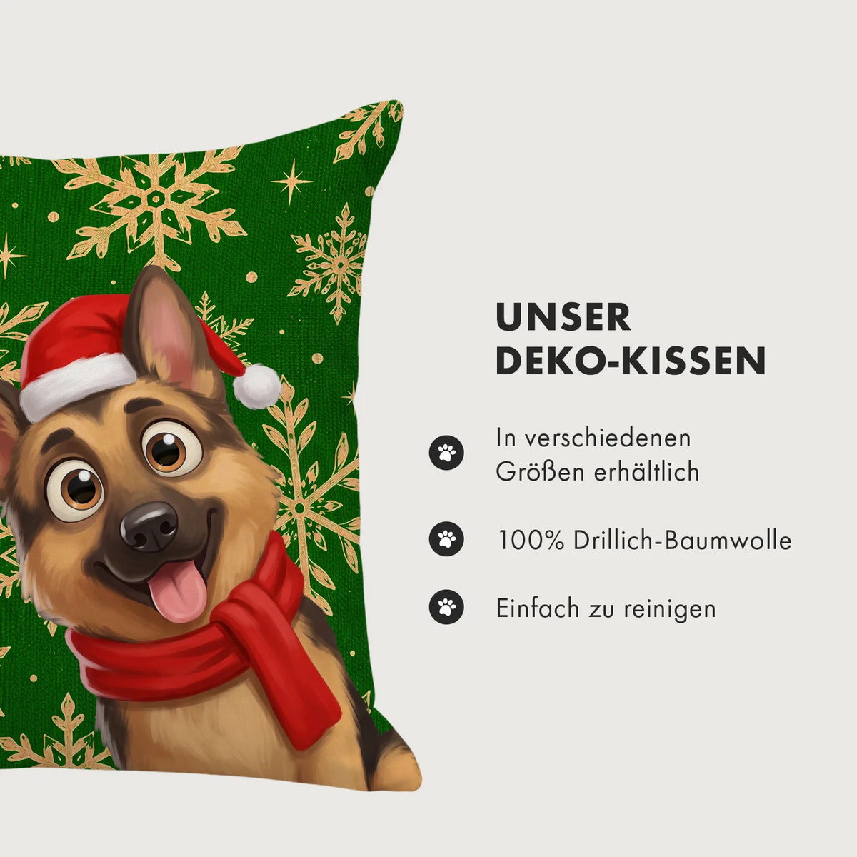 Infografik Weihnachtshund-Deko-Kissen: verschiedene Größen, 100 % Drillich-Baumwolle