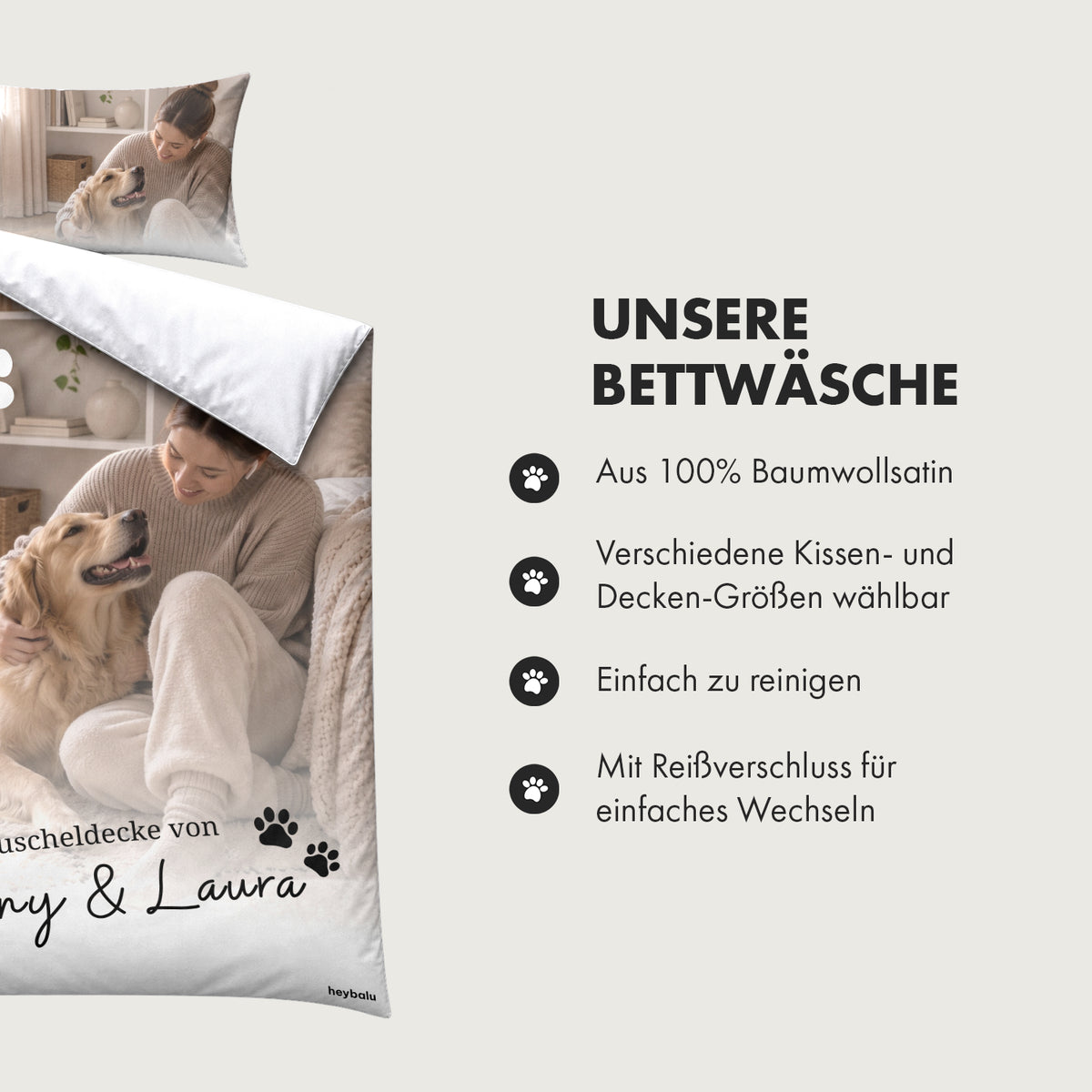 Foto-und-Text-Bettwäsche mit Frau und Hund, Kissenbezug und Bezug mit Reißverschluss