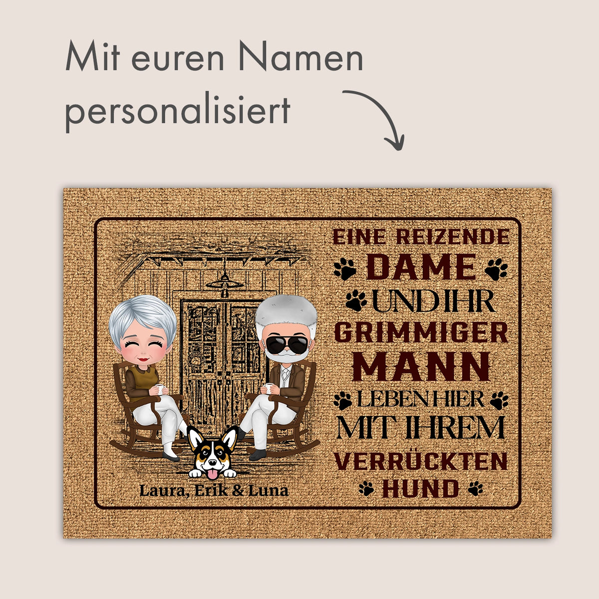 Personalisierte Fussmatte "Dame, Mann und Hund"