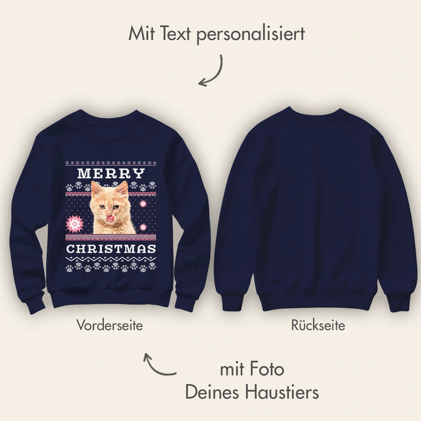 Personalisierter Christmas Sweater Katze "Ho Ho Ho"