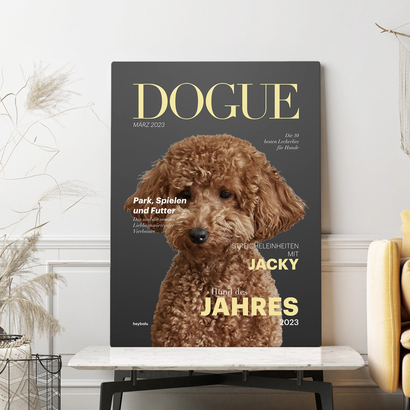 Personalisierte Leinwand Hundemagazin "DOGUE" heybalu