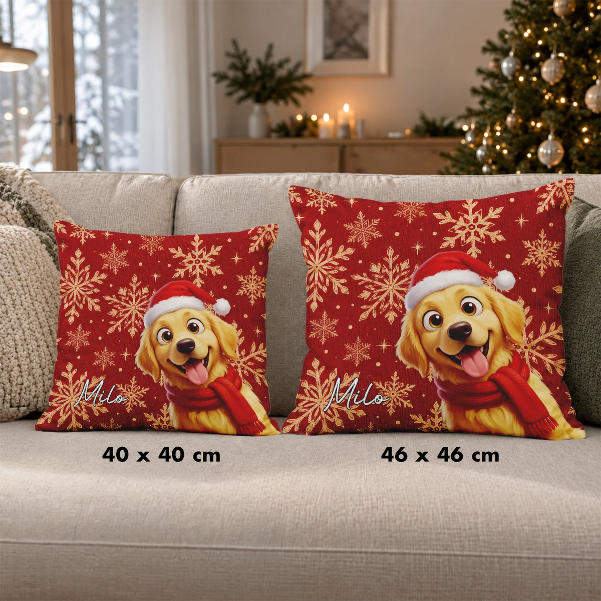 Größen des Weihnachtshund-Kissens: 40 x 40 cm und 46 x 46 cm