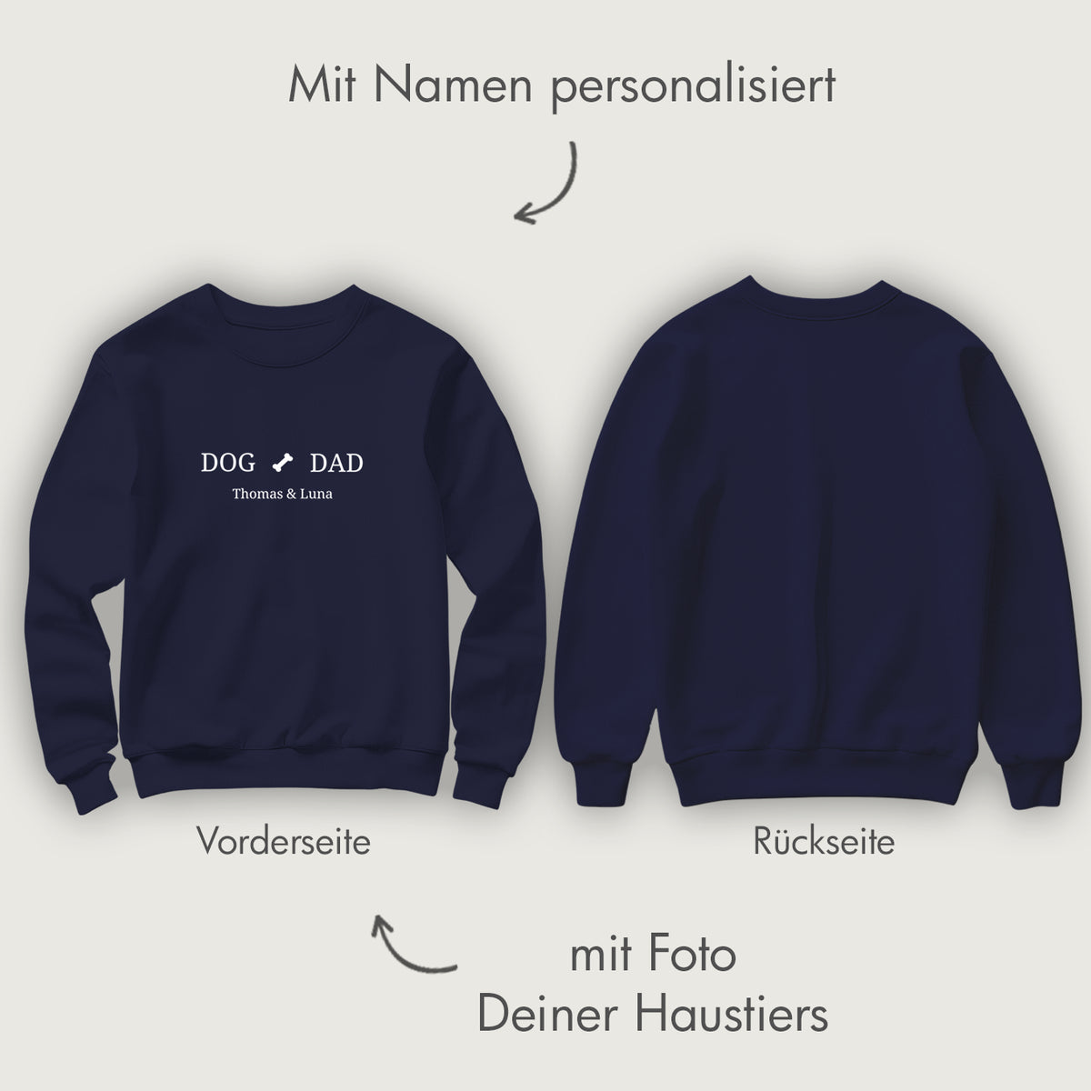 Marineblauer Dog-Dad-Sweater, Vorder- und Rückseite, mit Namen personalisiert