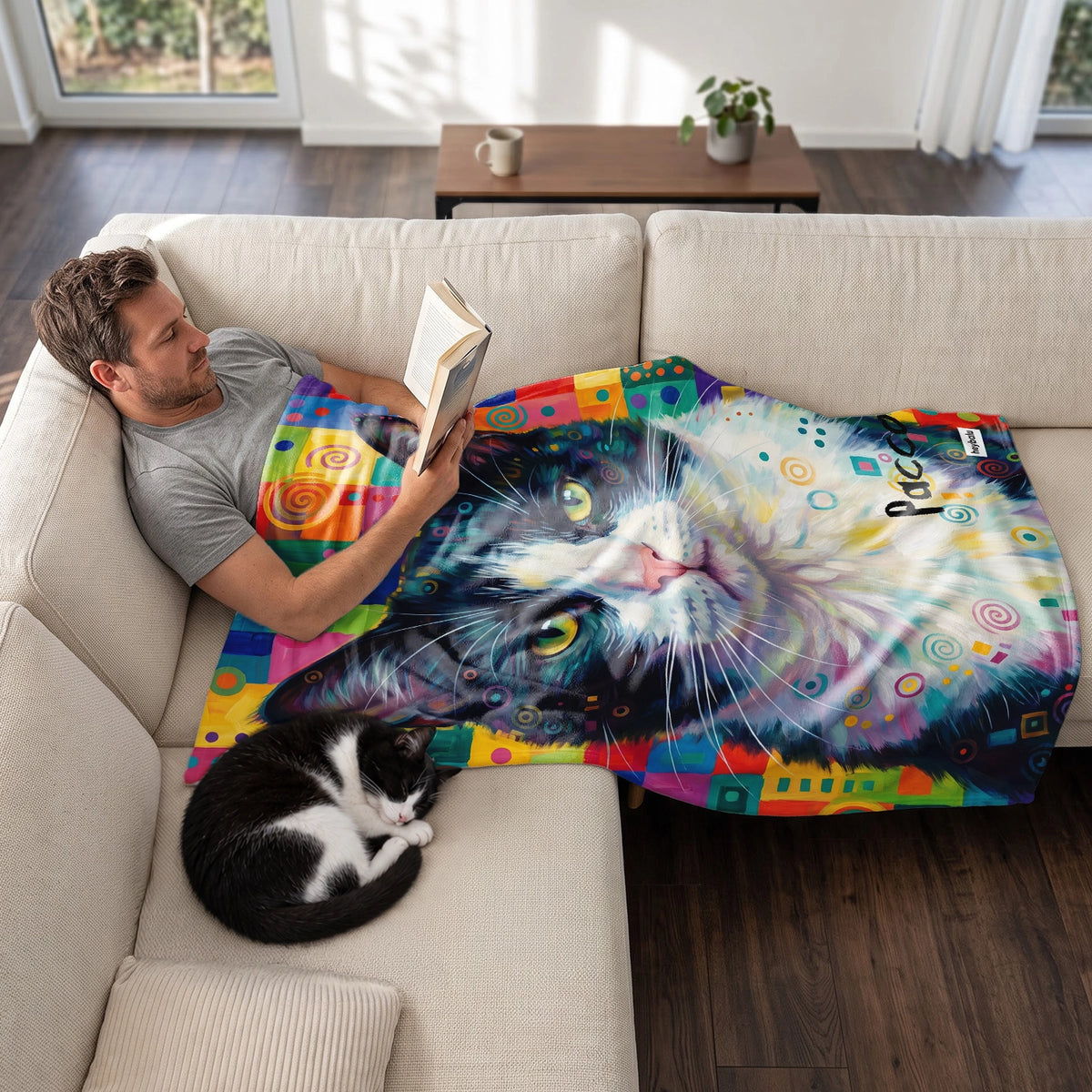 Mann liest auf dem Sofa unter der Graffiti-Katzendecke, daneben schläft seine Katze