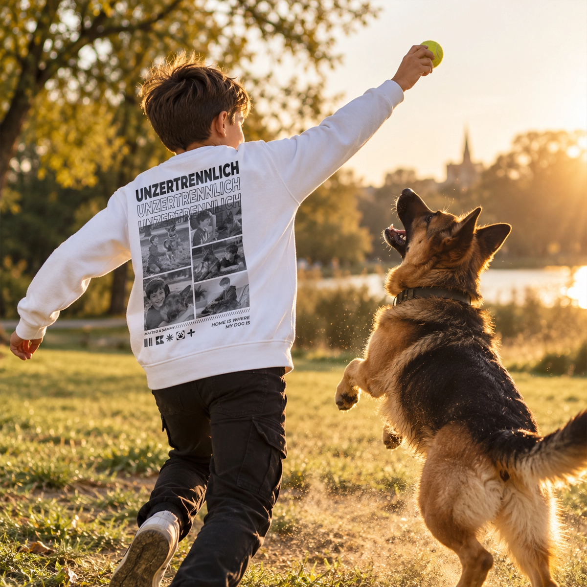 Personalisierter Kinder Sweater „Hundefreund“ als Geschenk für hundeliebende Kinder: weißer Sweater mit Fotos und Schriftzug auf dem Rücken – hey balu