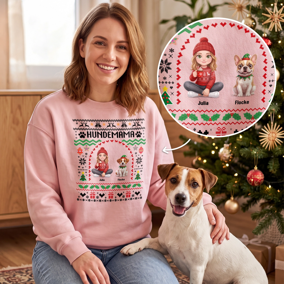 Personalisierter Pullover „Weihnachten Cartoon Hund“ als Geschenk für Hundebesitzer: rosa Sweater mit Cartoon von Frau und Hund und Schriftzug Hundemama im Strick-Look, hey balu
