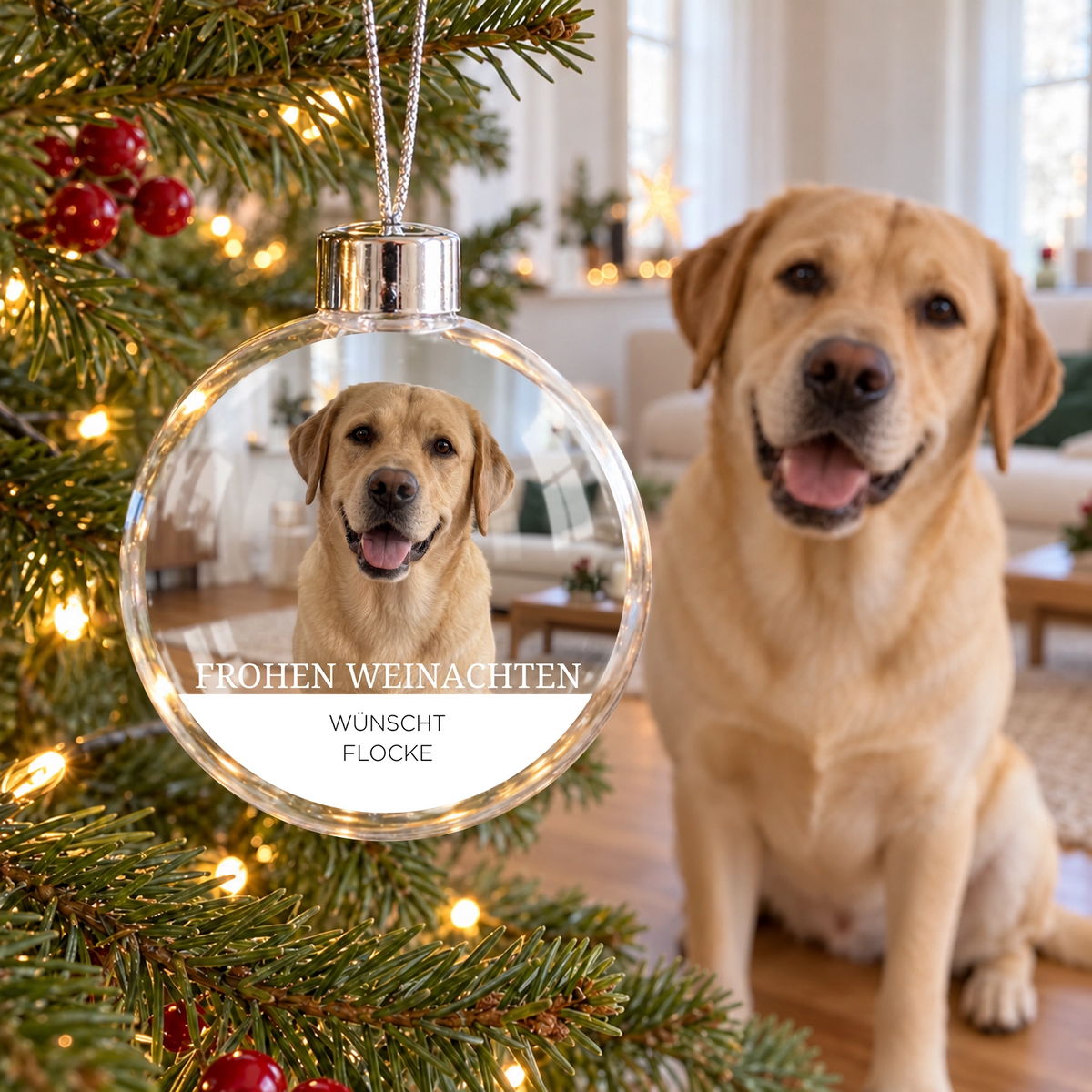 Personalisierte Christbaumkugel „Haustier Foto“ als Geschenk für Hundebesitzer: klare Kugel mit Labrador-Foto, Gruß und Namen – hey balu