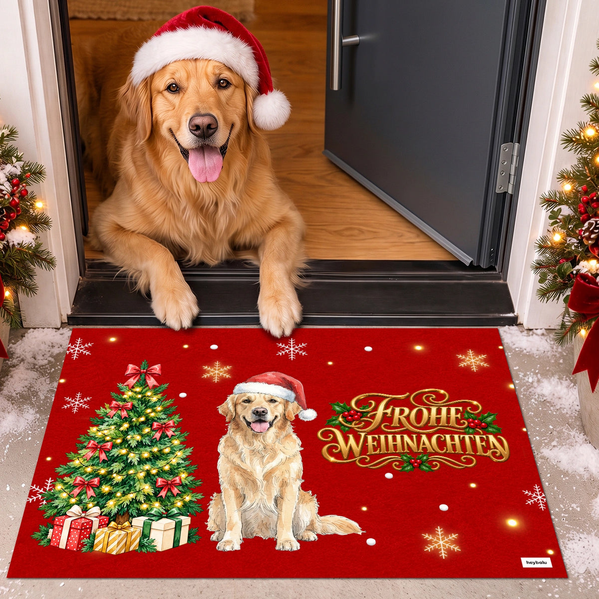 Personalisierte Fußmatte „Foto Haustier Weihnachten“ als Geschenk für Hundebesitzer: Haustier-Illustration mit Weihnachtsbaum und Mütze – hey balu