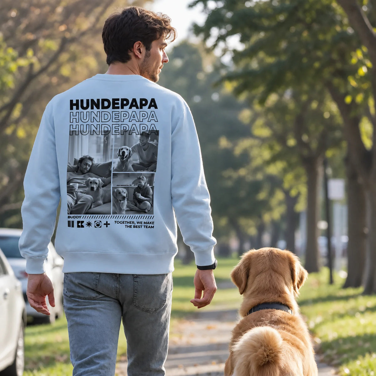 Mann mit Golden Retriever im hellblauen Hundepapa-Sweater mit Fotocollage beim Spaziergang