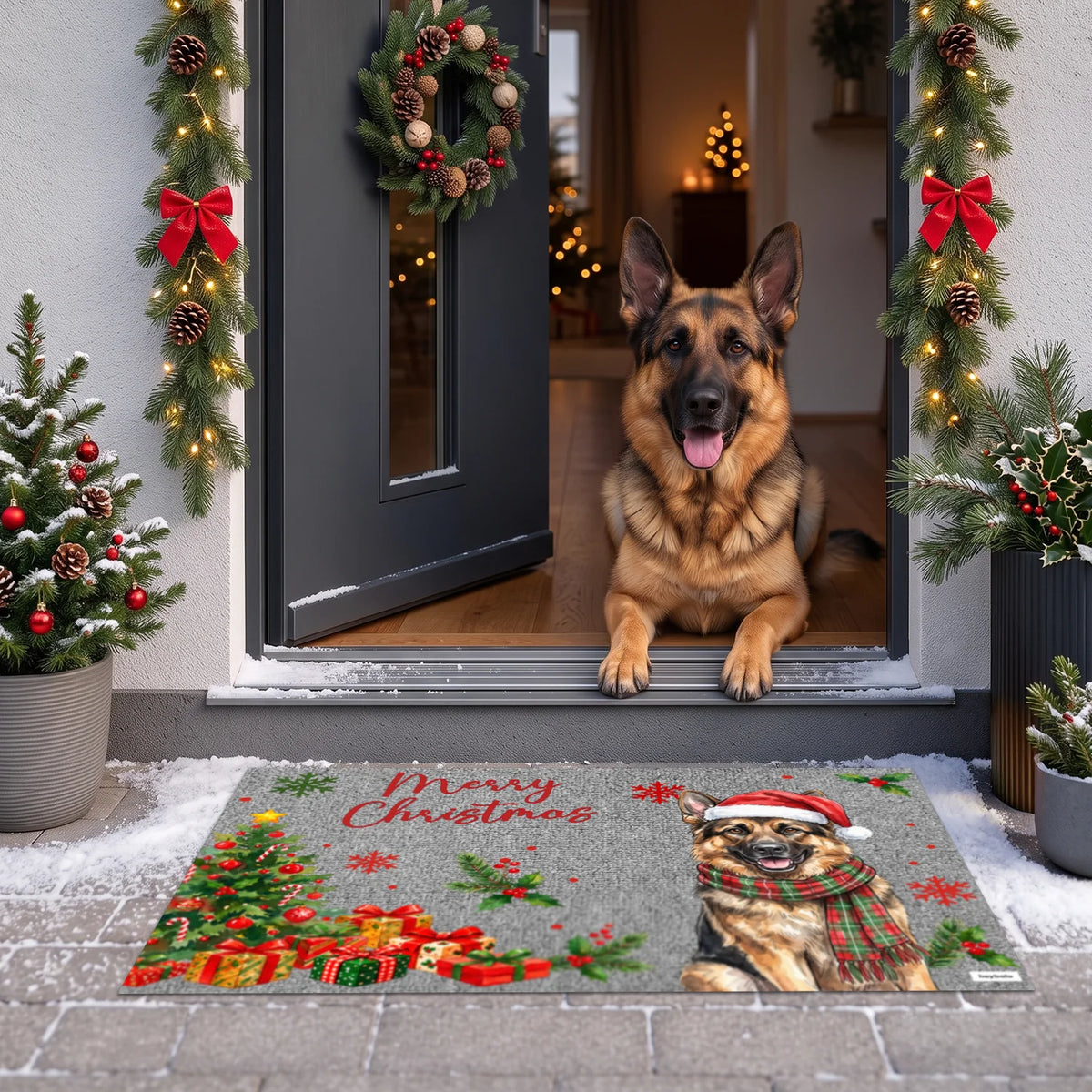 Schäferhund an der weihnachtlich geschmückten Haustür hinter der grauen Fußmatte mit „Merry Christmas“