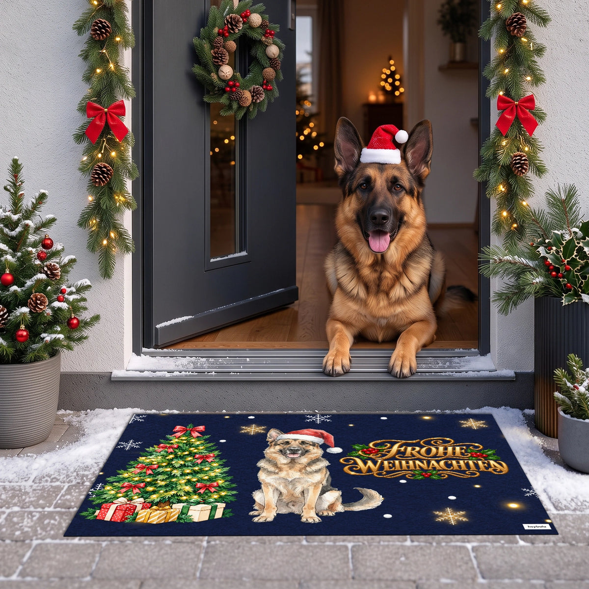 Schäferhund mit Weihnachtsmütze an der Haustür hinter der dunkelblauen Fußmatte