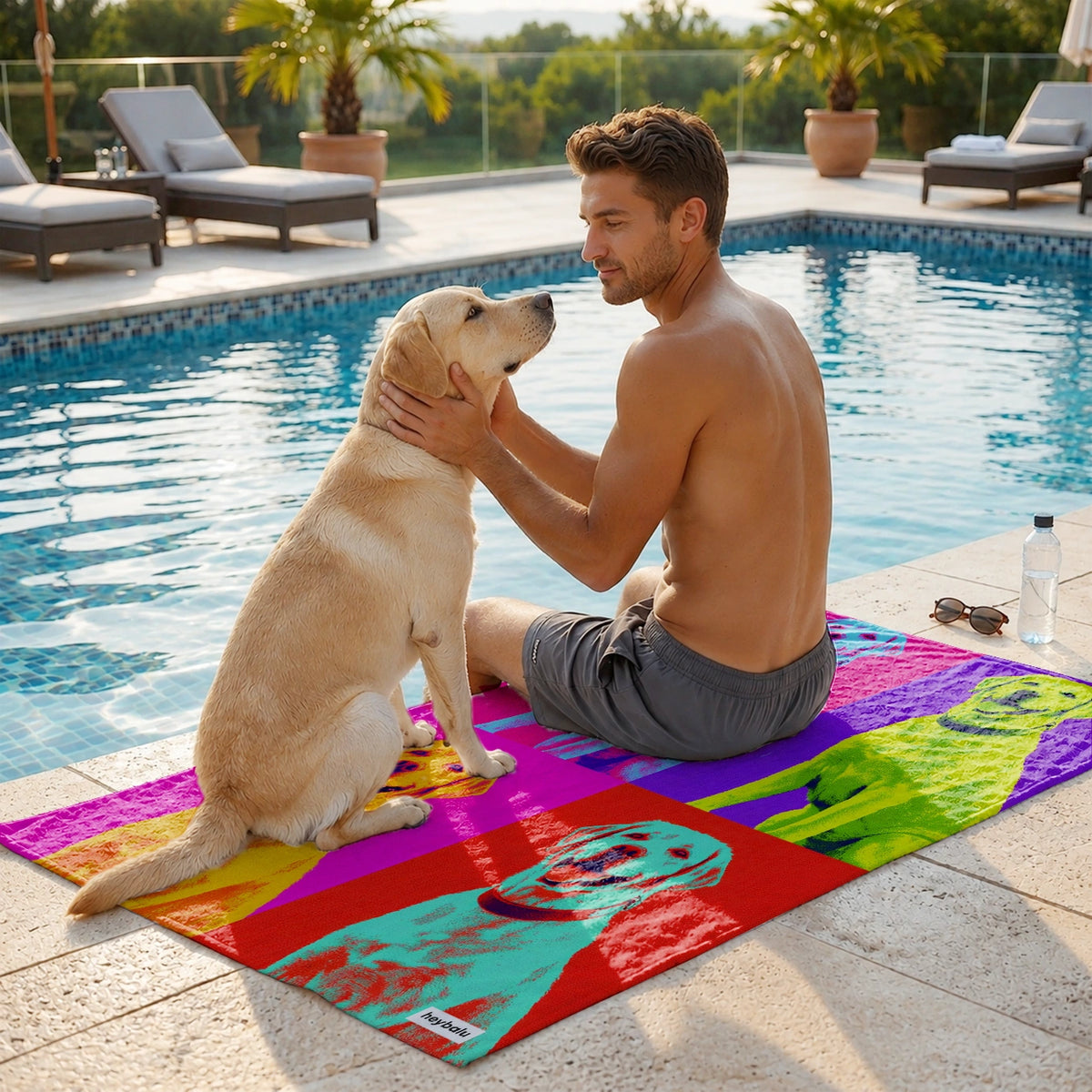 Mann streichelt Labrador auf dem Pop-Art-Badetuch mit bunten Hundeporträts