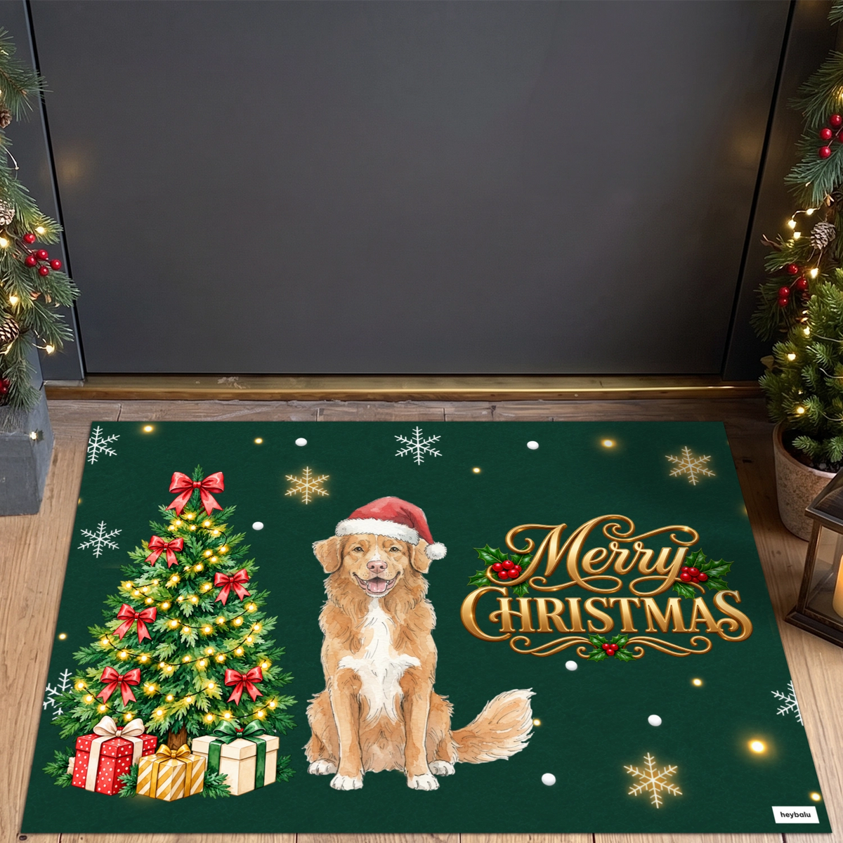 Grüne Weihnachts-Fußmatte mit illustriertem Hund, Tannenbaum und „Merry Christmas“