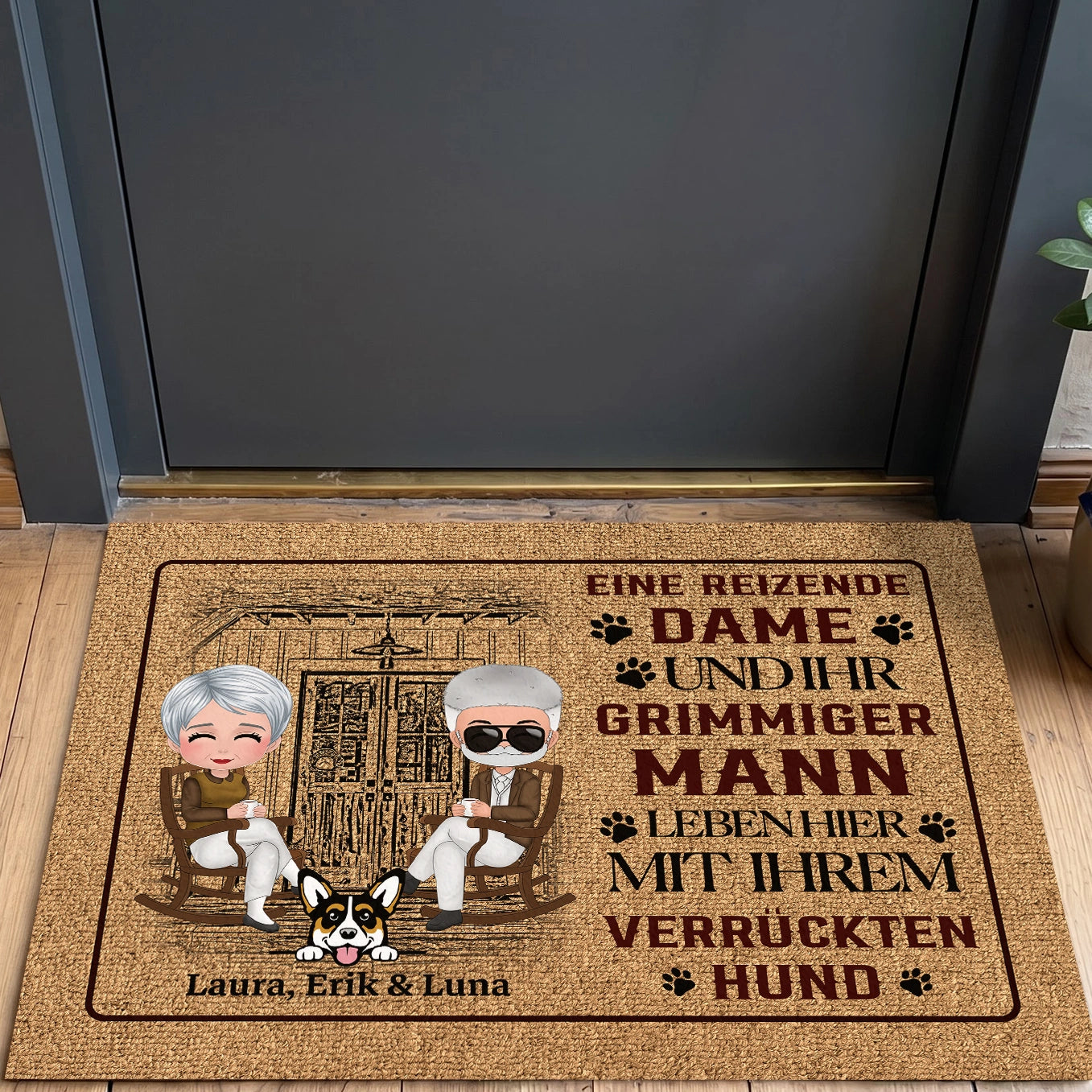 Personalisierte Fussmatte "Dame, Mann und Hund"