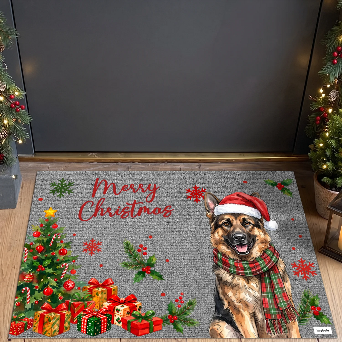 Graue Weihnachts-Fußmatte mit Schäferhund als Illustration, Weihnachtsbaum und Geschenken vor der Haustür