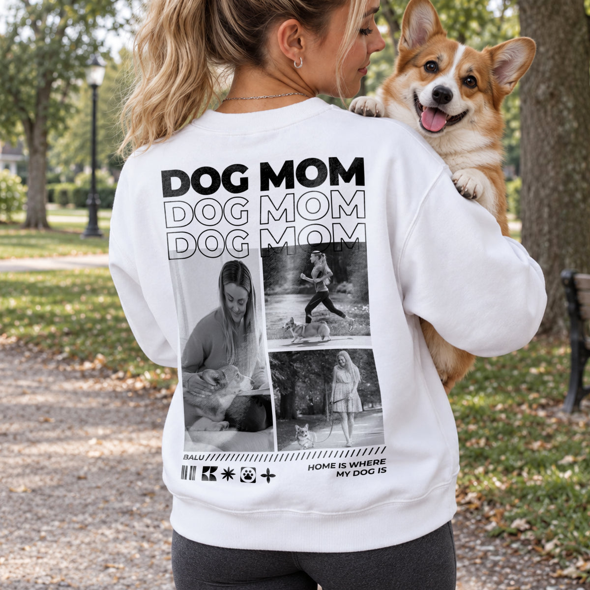 Frau mit Corgi auf dem Arm im weißen Dog-Mom-Sweater mit Fotocollage von hinten