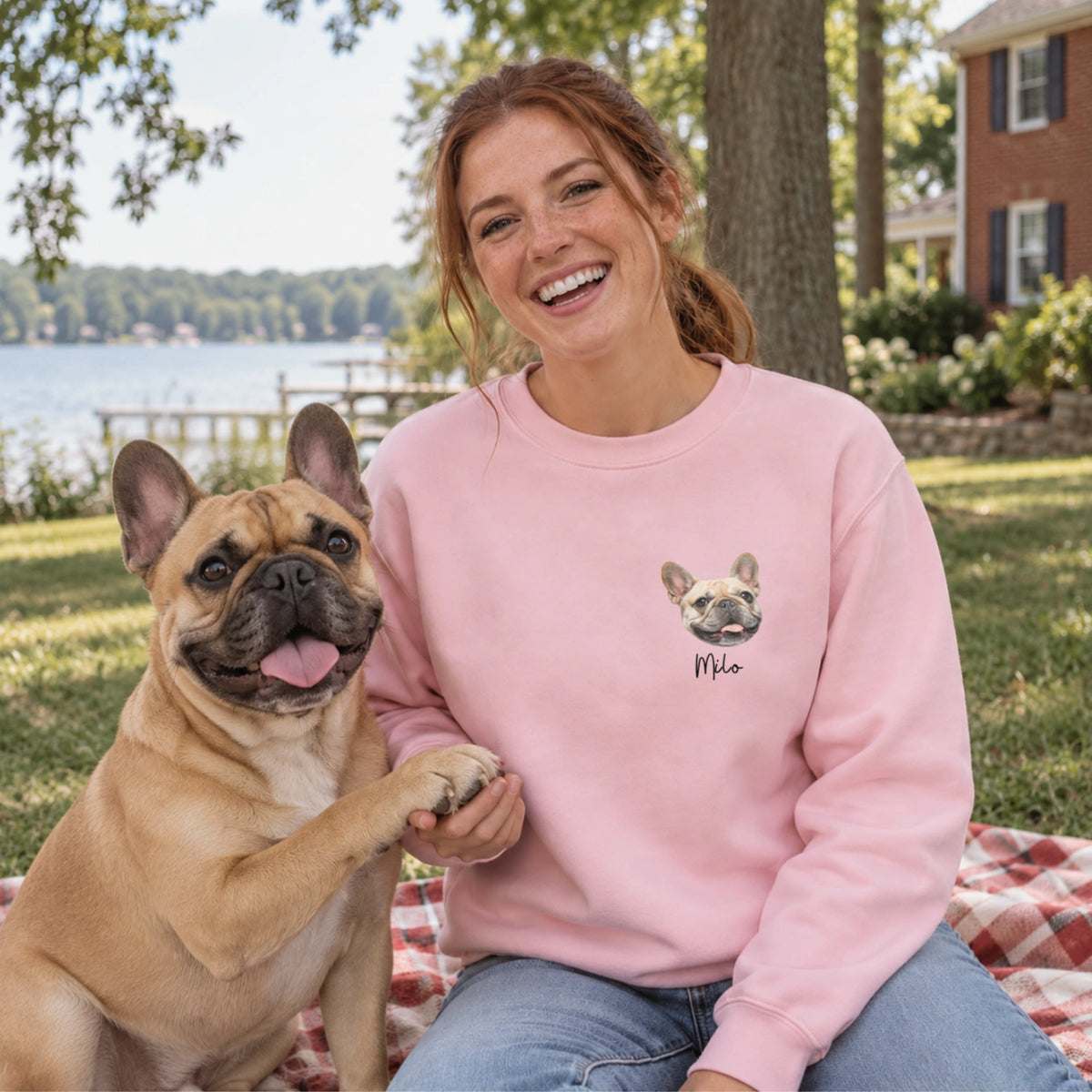 Lachende Frau mit Französischer Bulldogge im rosa Haustier-Foto-Sweater mit Namen