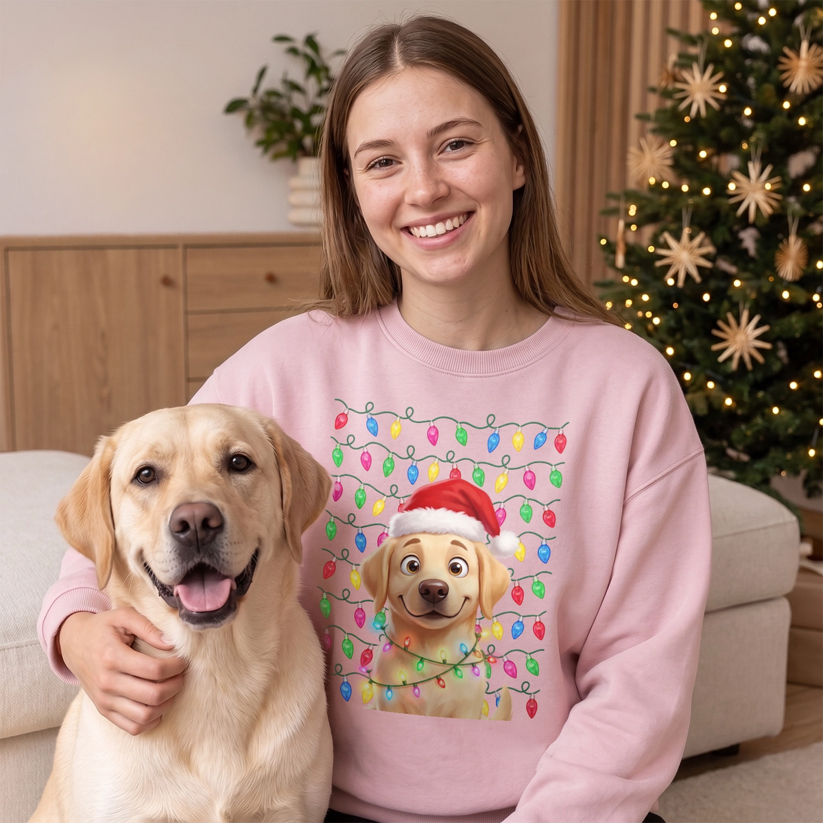 Frau im rosa Pullover mit Labrador als Cartoon in bunter Lichterkette neben ihrem Hund