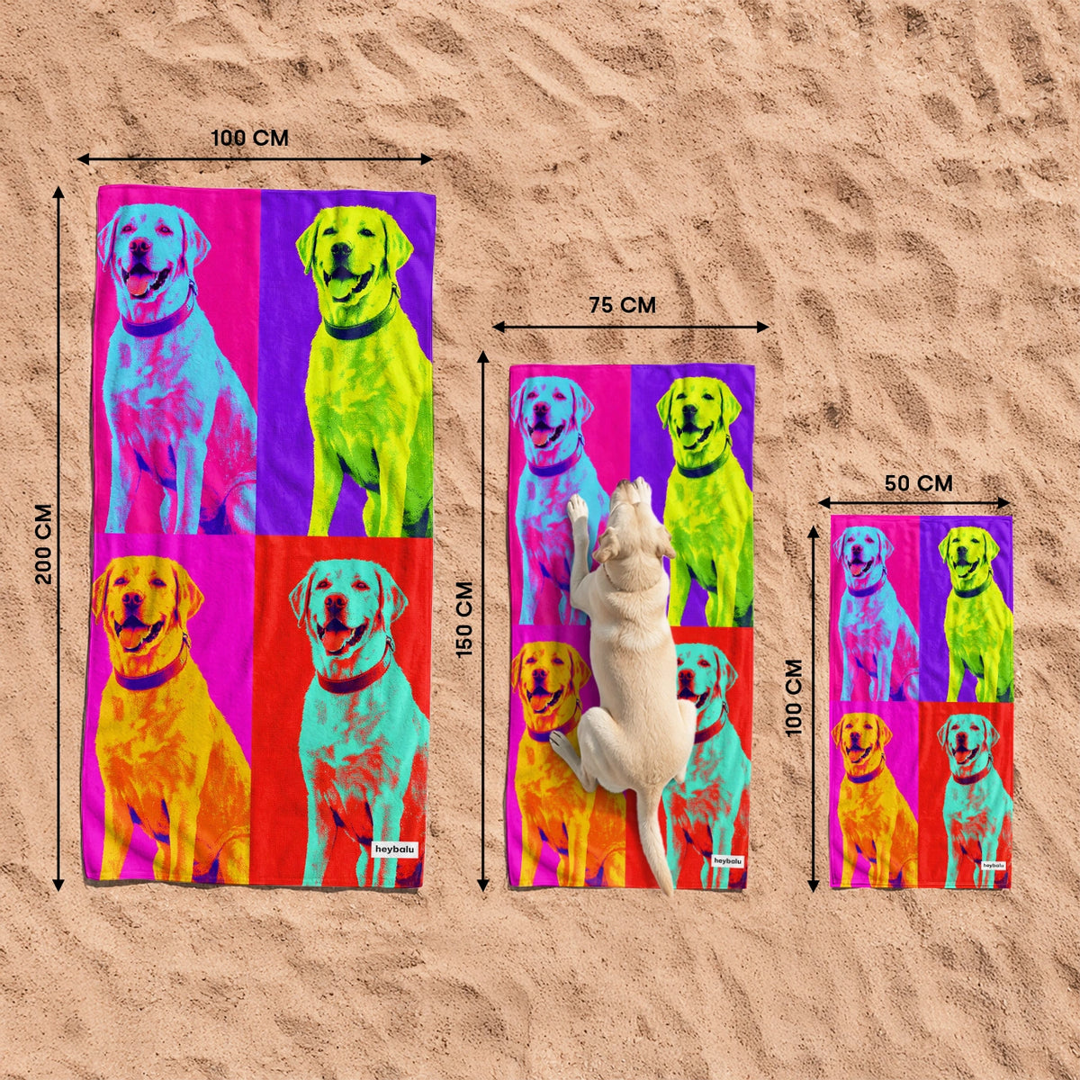 Größen des Pop-Art-Badetuchs: 100 x 200 cm, 75 x 150 cm und 50 x 100 cm