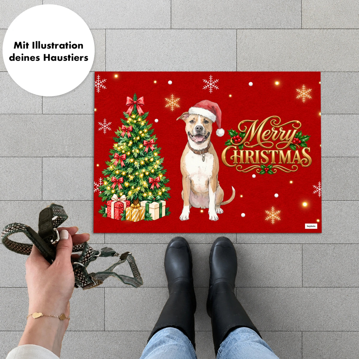Weihnachts-Fußmatte mit Illustration des eigenen Hundes vor der Tür, Frau mit Leine