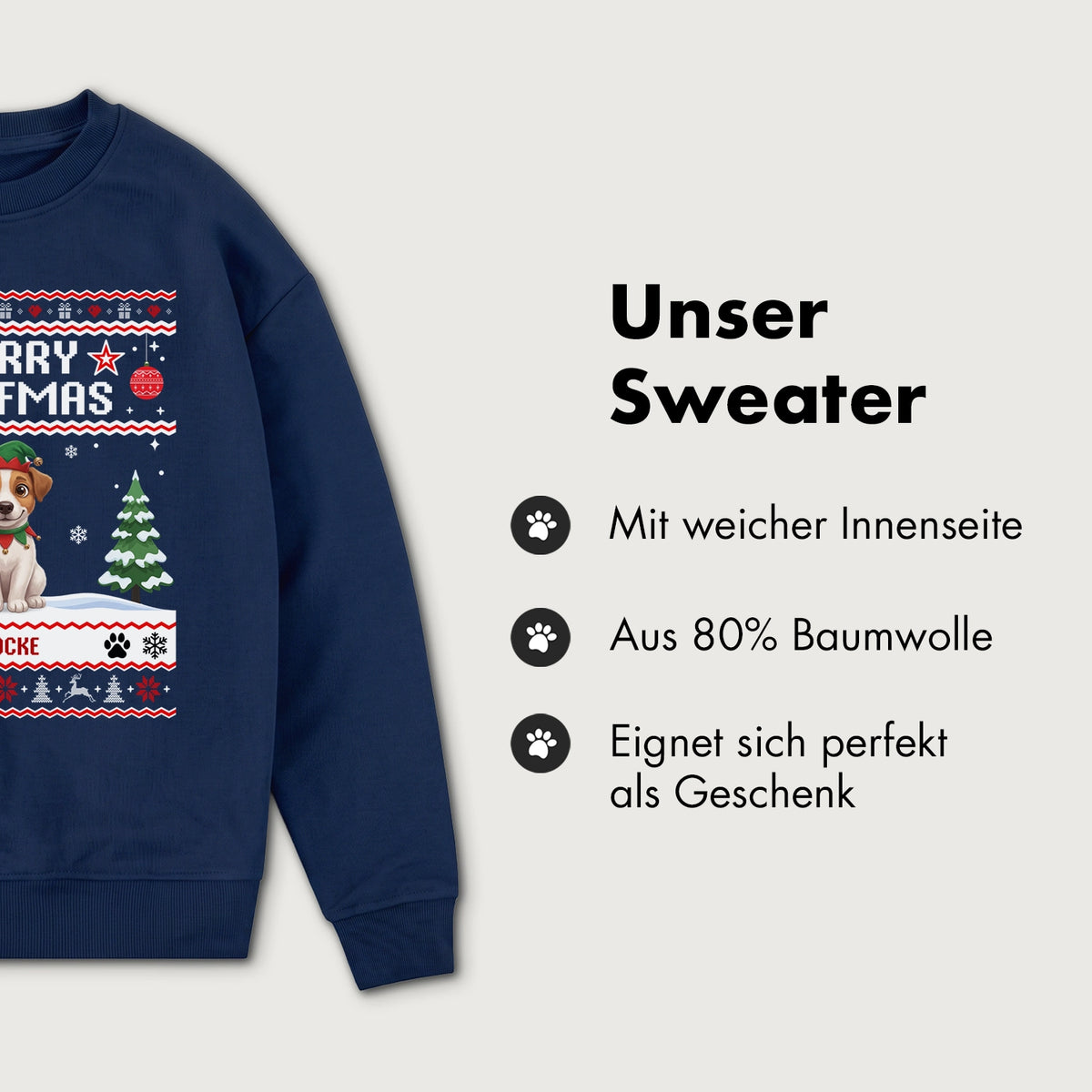 Infografik Sweater: weiche Innenseite, 80 % Baumwolle, perfekt als Geschenk