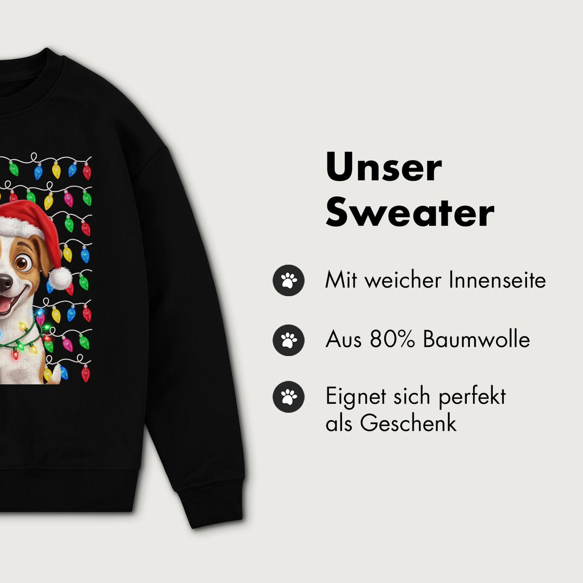Infografik Sweater: weiche Innenseite, 80 % Baumwolle, perfekt als Geschenk