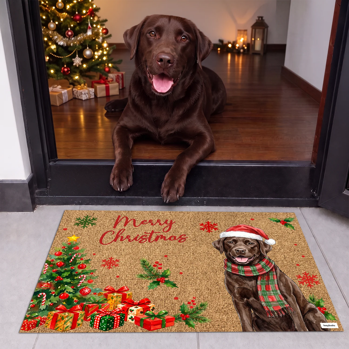 Brauner Labrador liegt hinter der Weihnachts-Fußmatte mit seiner Illustration und „Merry Christmas“